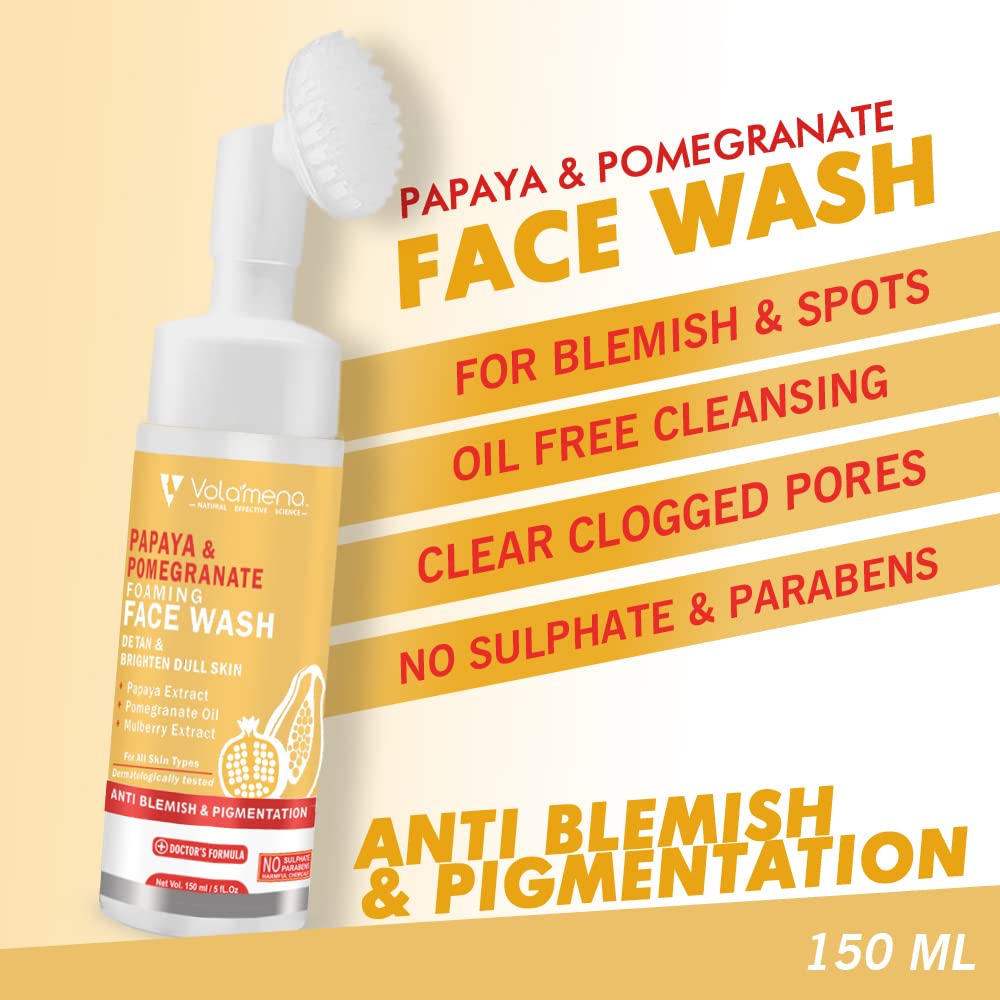 Volamena Papaya & Pomegranate Foaming Face Wash for Glowing Skin - 150ml Gentle Cleanser for Women & Men | Perfect for Daily Skincare Routine & Acne-Prone Skin