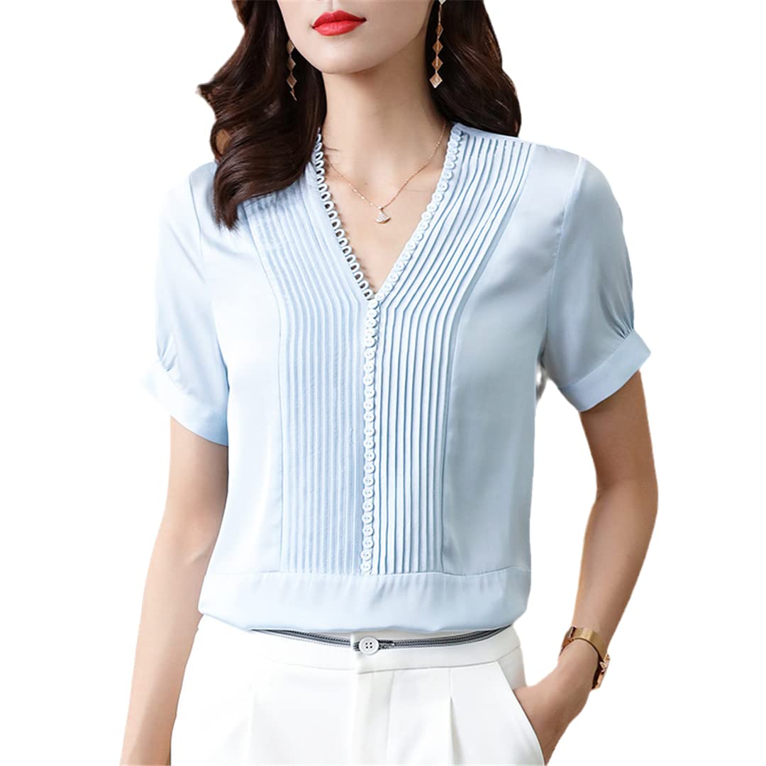 2022 Summer Women's Real Silk V-Neck Short Sleeve Blouse - Natural Silk Button Down Shirt for Office & Business Casual Wear | Breathable & Elegant Ladies Tops for Work, Dating & Special Occasions
