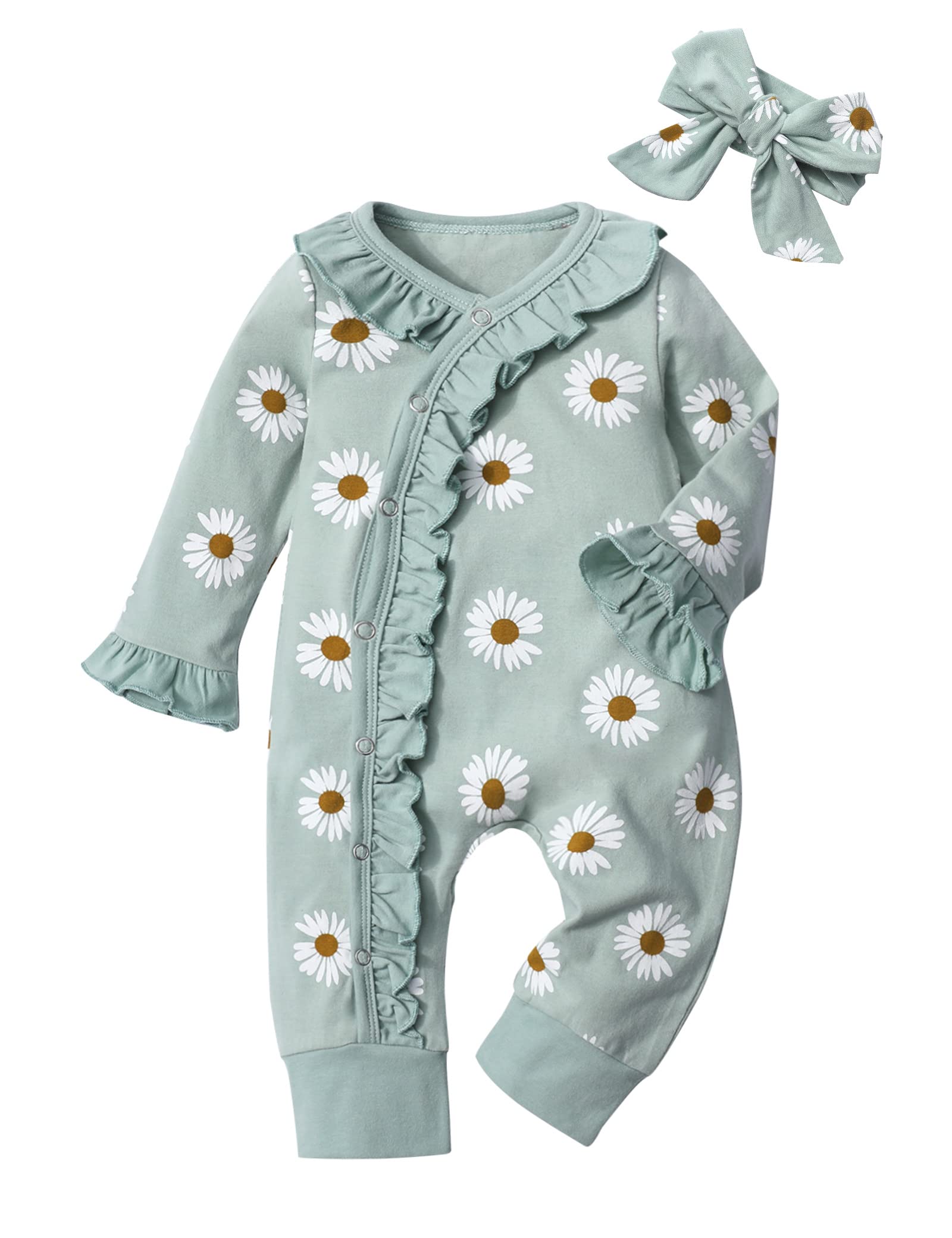 Newborn Baby Girl Clothes Set - Long Sleeve Ruffle Onesie with Matching Headband | Soft Cotton Infant Outfit for Photo Shoots, Parties & Daily Wear