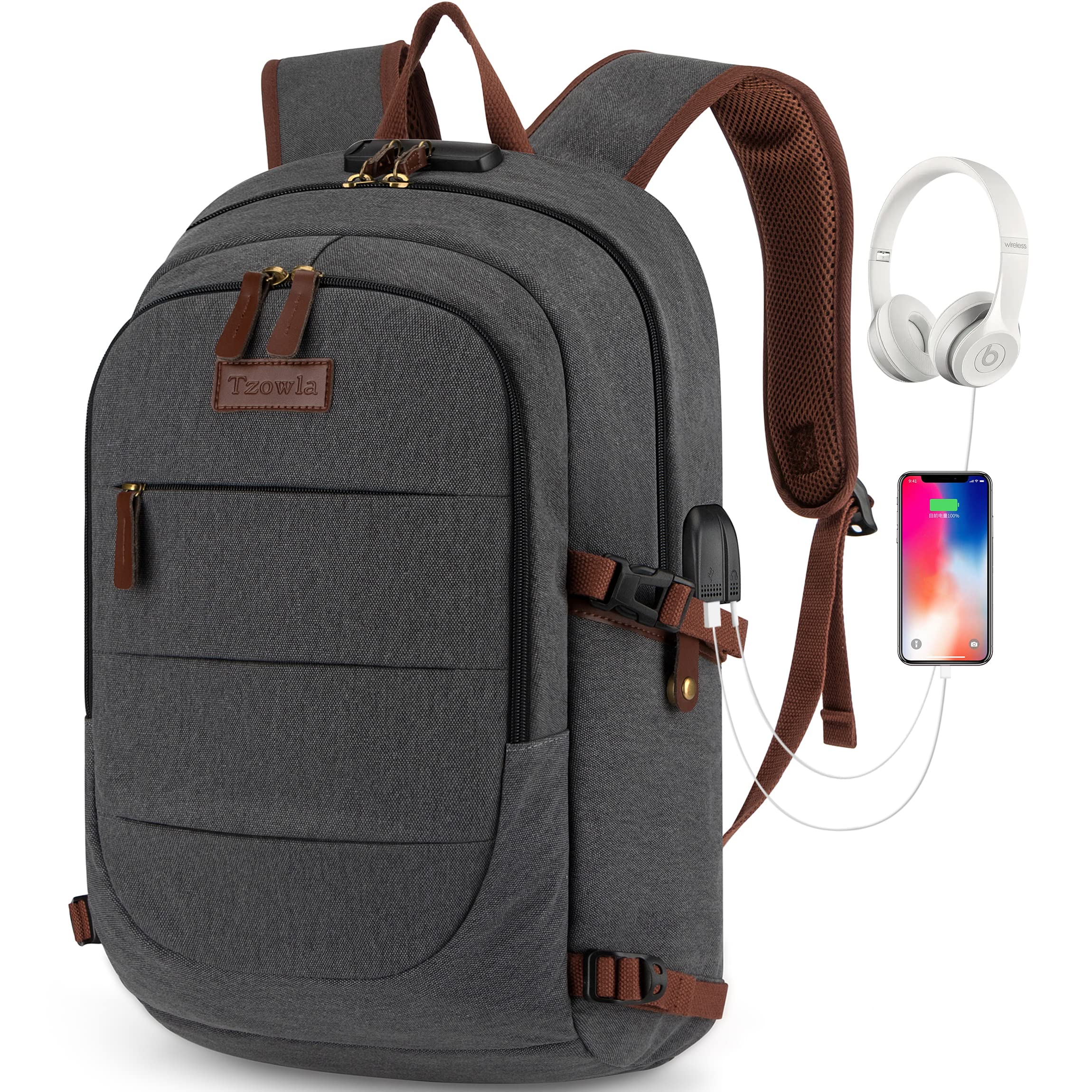 Tzowla Anti-Theft Laptop Backpack for Men & Women - 15.6 Inch USB Charging College Bookbag with Lock - Durable Canvas Rucksack for School, Work & Travel - Dark Grey | Perfect for Commuting, Business Trips & Campus Life
