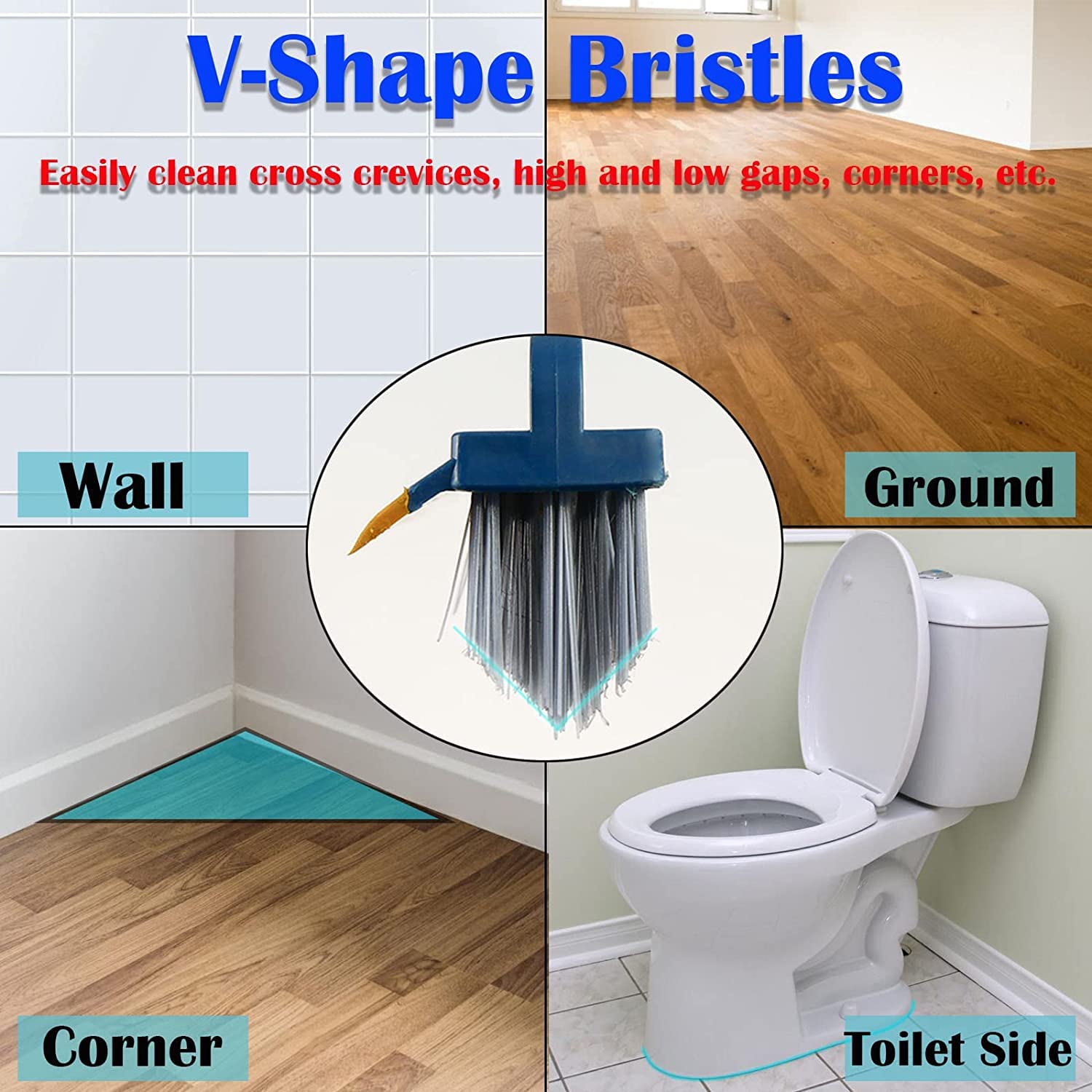2 in 1 Floor Scrub Brush with Long Handle - Adjustable V-Shaped Cleaning Brush for Bathroom & Kitchen - 120° Rotating Removable Head & Squeegee - Perfect for Tile Floors, Grout Cleaning & Hard-to-Reach Corners
