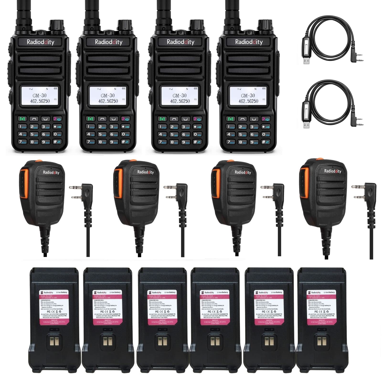 4 Pack Radioddity GM-30 GMRS Radio - 5W Long Range Two Way Walkie Talkies for Adults with 4 Extra 1500mAh Batteries, 4 RS22 Speaker Mics & 4 Programming Cables - Perfect for Hiking, Camping, Construction & Emergency Communication
