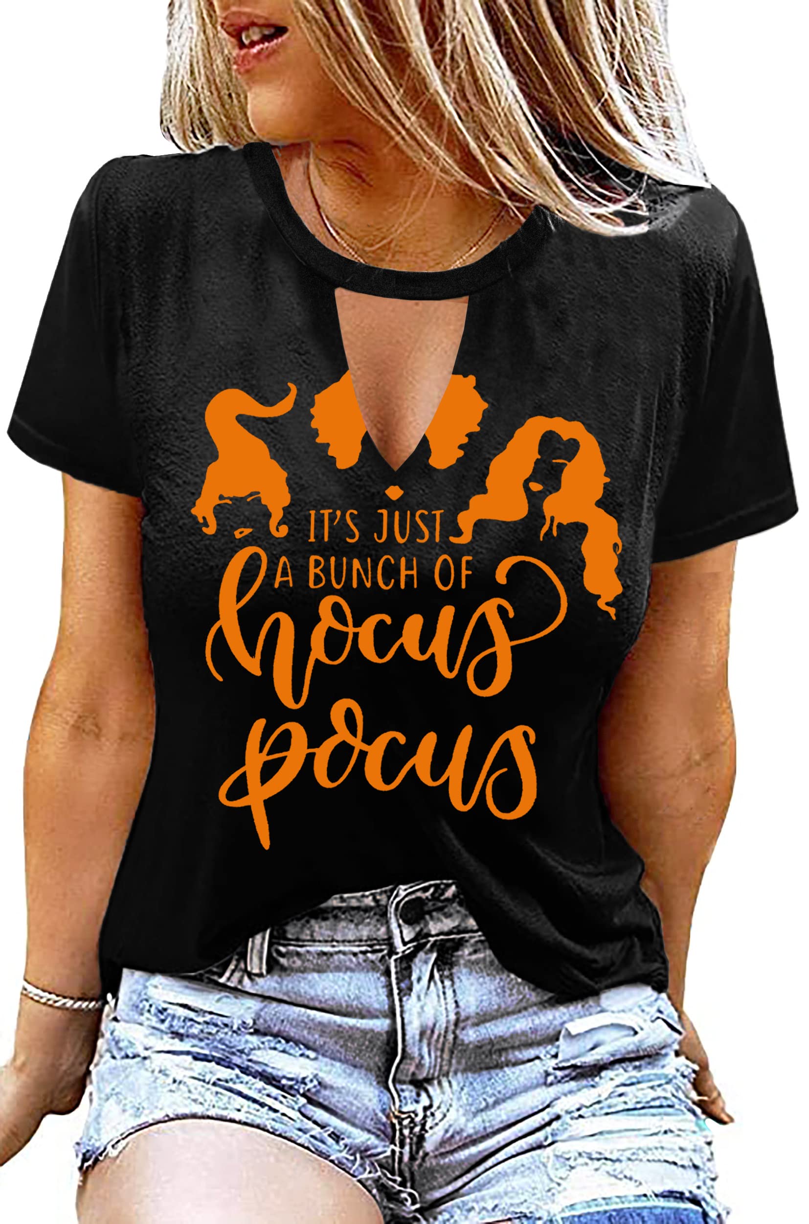 MAIHUN Halloween T-Shirt for Women - Hocus Pocus Inspired Sanderson Sisters Horror Movie Tee - Scary Squad Graphic Top for Halloween Parties & Horror Movie Nights