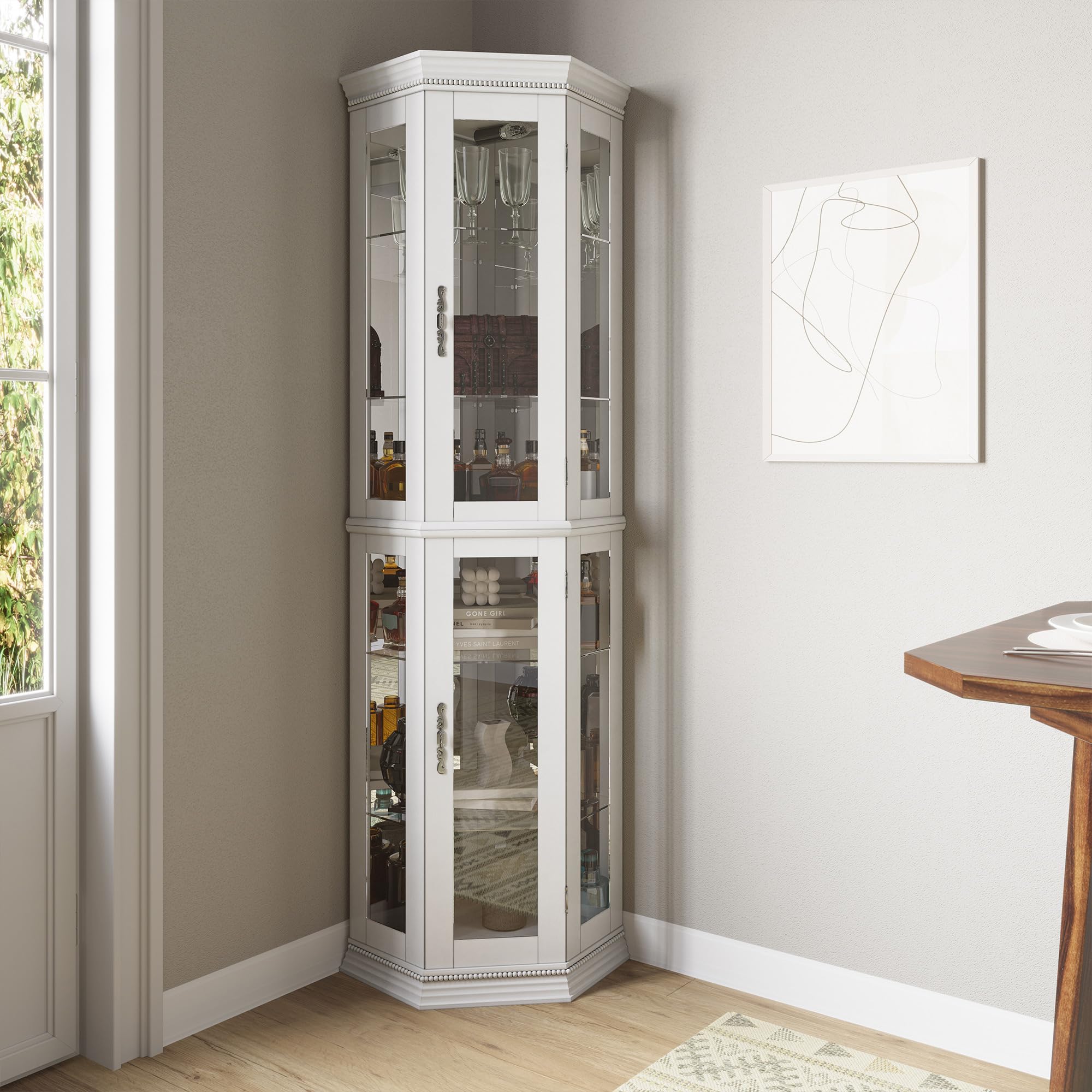 BELLEZE Lighted 3-Side Glass Display Curio Cabinet with Tempered Glass Doors & Shelves, Wooden Corner Display Cabinet with LED Bulbs - Perfect for Living Room, Bedroom, Office Decor & Collectibles Showcase (White)