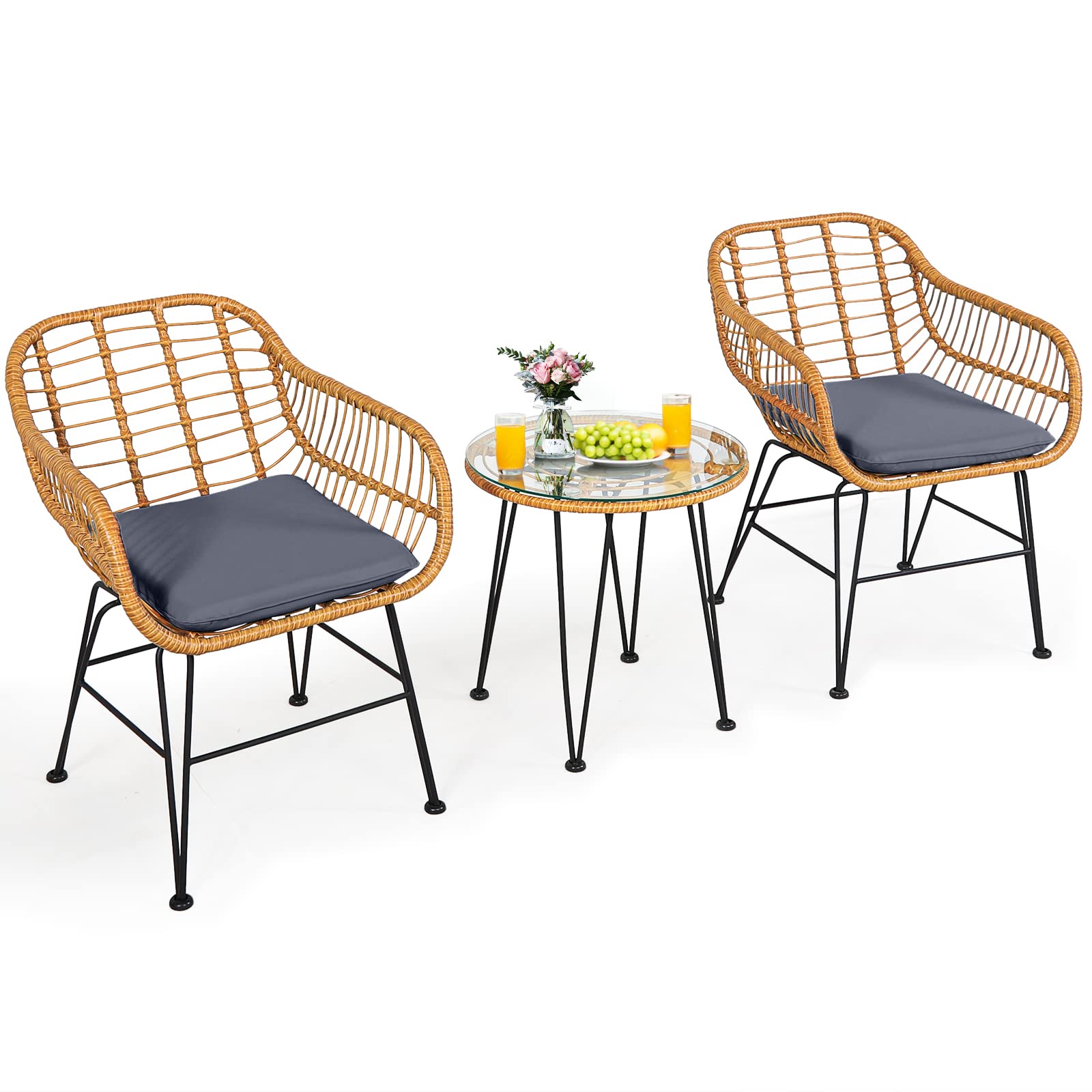 Tangkula 3-Piece Patio Bistro Set - Rattan Wicker Conversation Set with 2 Cushioned Armchairs & Round Glass Coffee Table - Indoor/Outdoor Furniture for Balcony, Backyard, Garden, Poolside - Perfect for Relaxing, Entertaining & Outdoor Dining