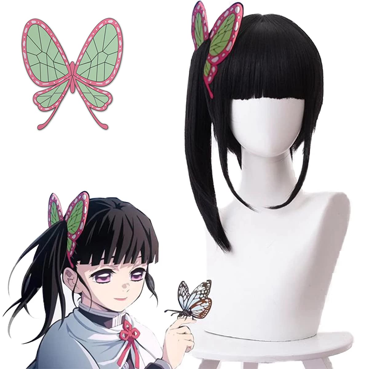 Tsuyuri Kanao Cosplay Wig with Butterfly Hair Clips - Authentic Demon Slayer Kimetsu no Yaiba Anime Costume Wig (Black) for Halloween, Conventions & Themed Parties | Perfect for Cosplay Enthusiasts & Anime Fans