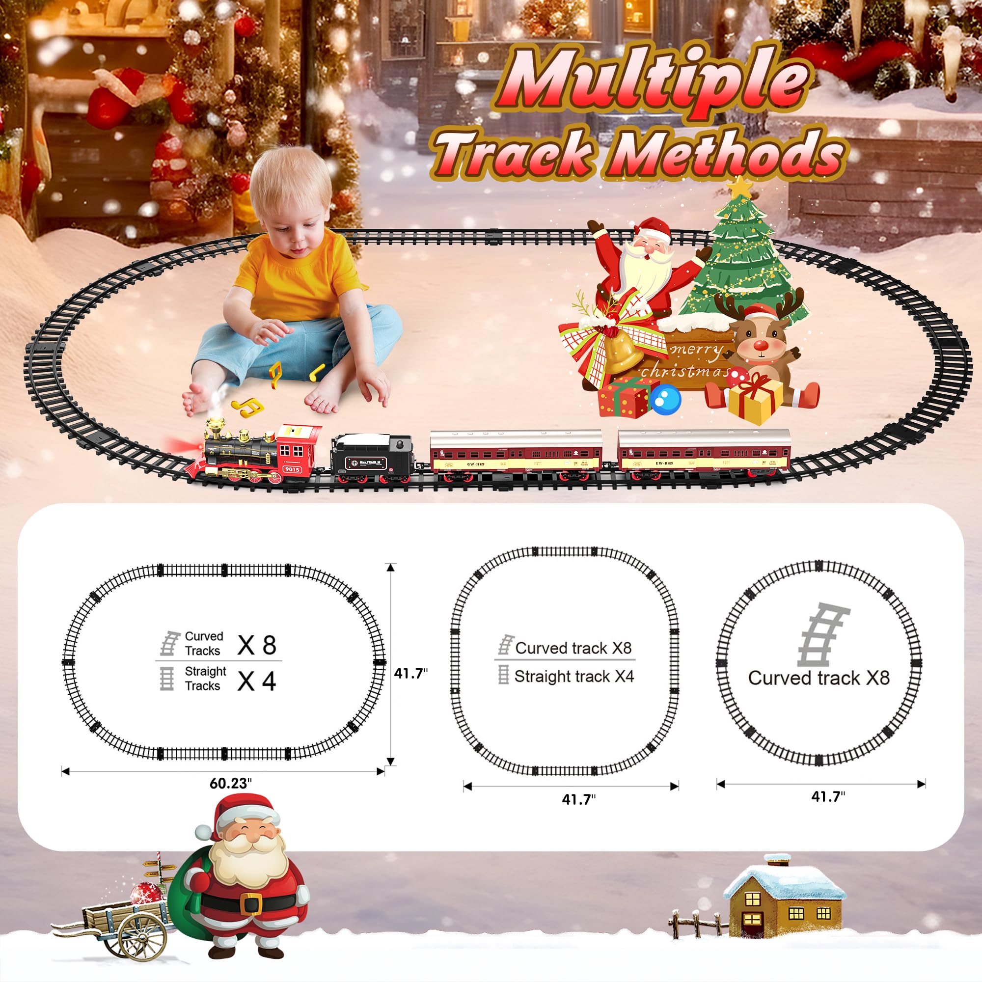 Hot Bee Christmas Train Set for Toddlers 2-4 Years - Electric Steam Locomotive Toy with Lights, Sounds & Spray - Easy Setup Holiday Train for Around Christmas Tree - Perfect Gift for Kids Ages 4-8 (Great for Holiday Decorations & Family Playtime)