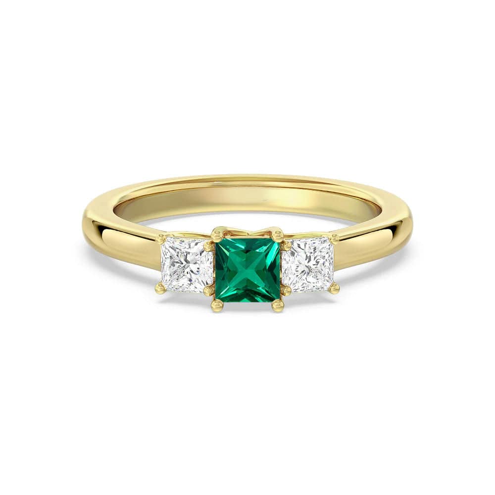 Lab Grown Emerald & Princess Cut Diamond Three Stone Ring - Elegant Engagement, Wedding, or Anniversary Jewelry Gift for Her