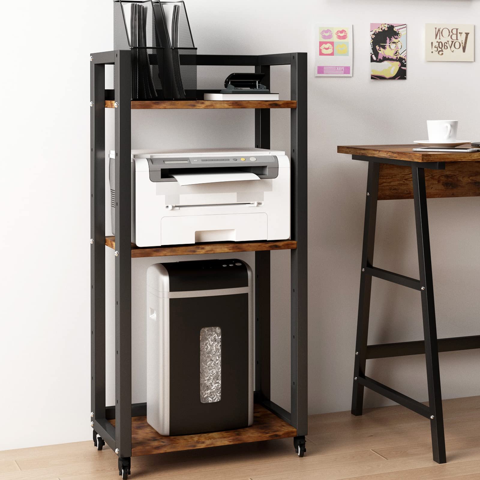 PUNCIA 3-Tier Rolling Printer Stand with Shredder Storage - Adjustable Mobile Organizer Shelf for Home & Office - Perfect for Fax, Scanner, Files, Books and Stationery Storage (Ideal for Small Spaces & Workspace Organization)