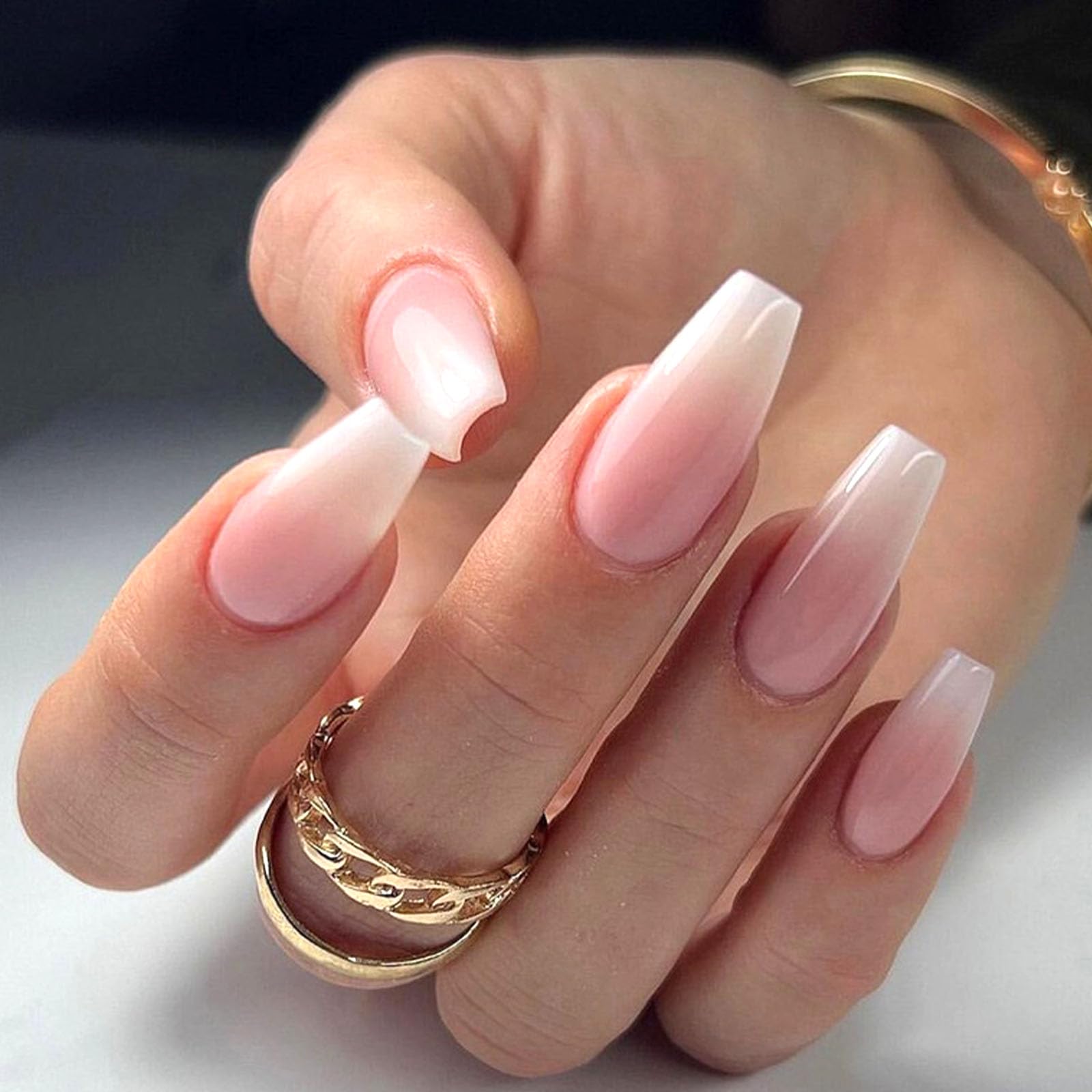 Premium 24Pcs Coffin Press-On Nails - Medium White Gradient with Glossy Finish & Light Pink Transparent Tips | Fake Nails with Strong Glue | Artificial Stick-On Nails for Women | Perfect for Parties, Weddings & Special Occasions