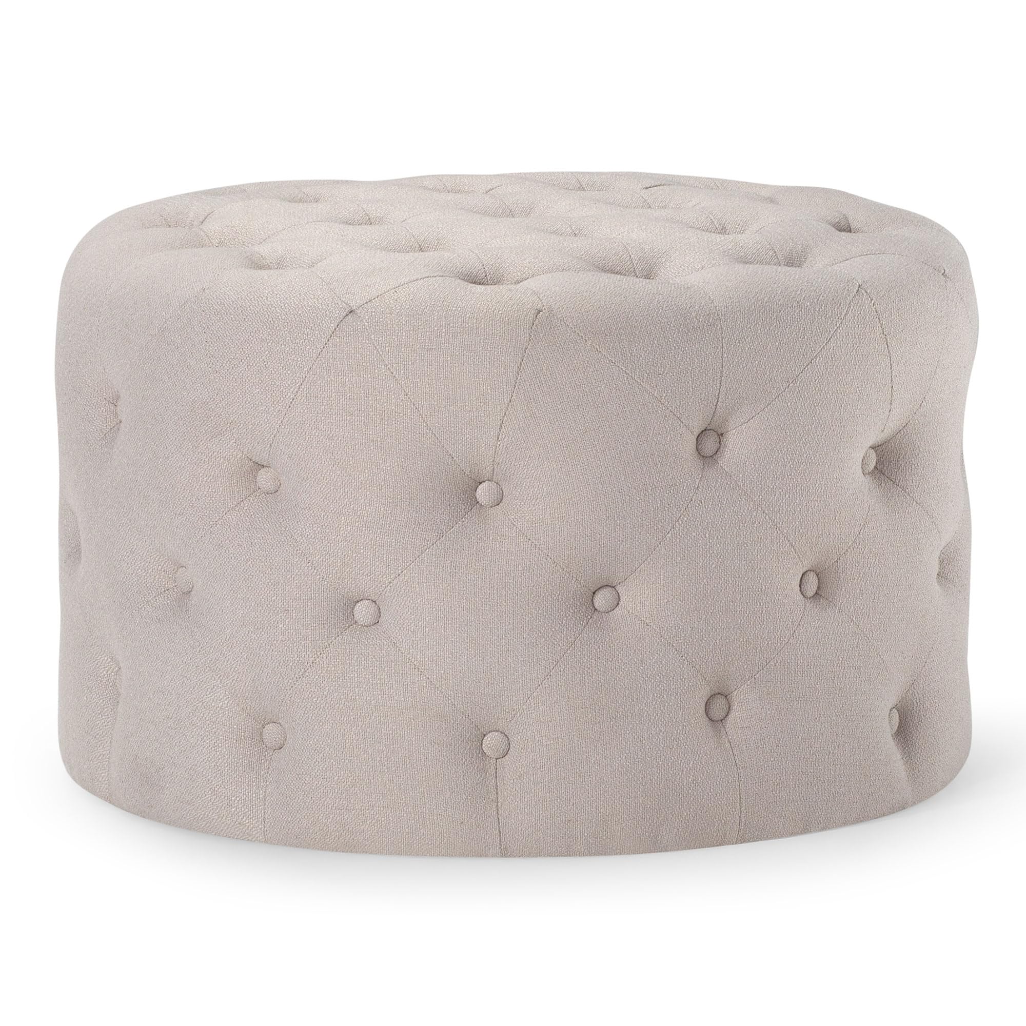 Maven Lane Marcy Traditional Large Round Ottoman with Cushioned Seat - Rustic Dove Fabric Upholstery Footrest for Living Room, Bedroom, Dorm | Perfect for Extra Seating, Footrest, or Coffee Table Alternative