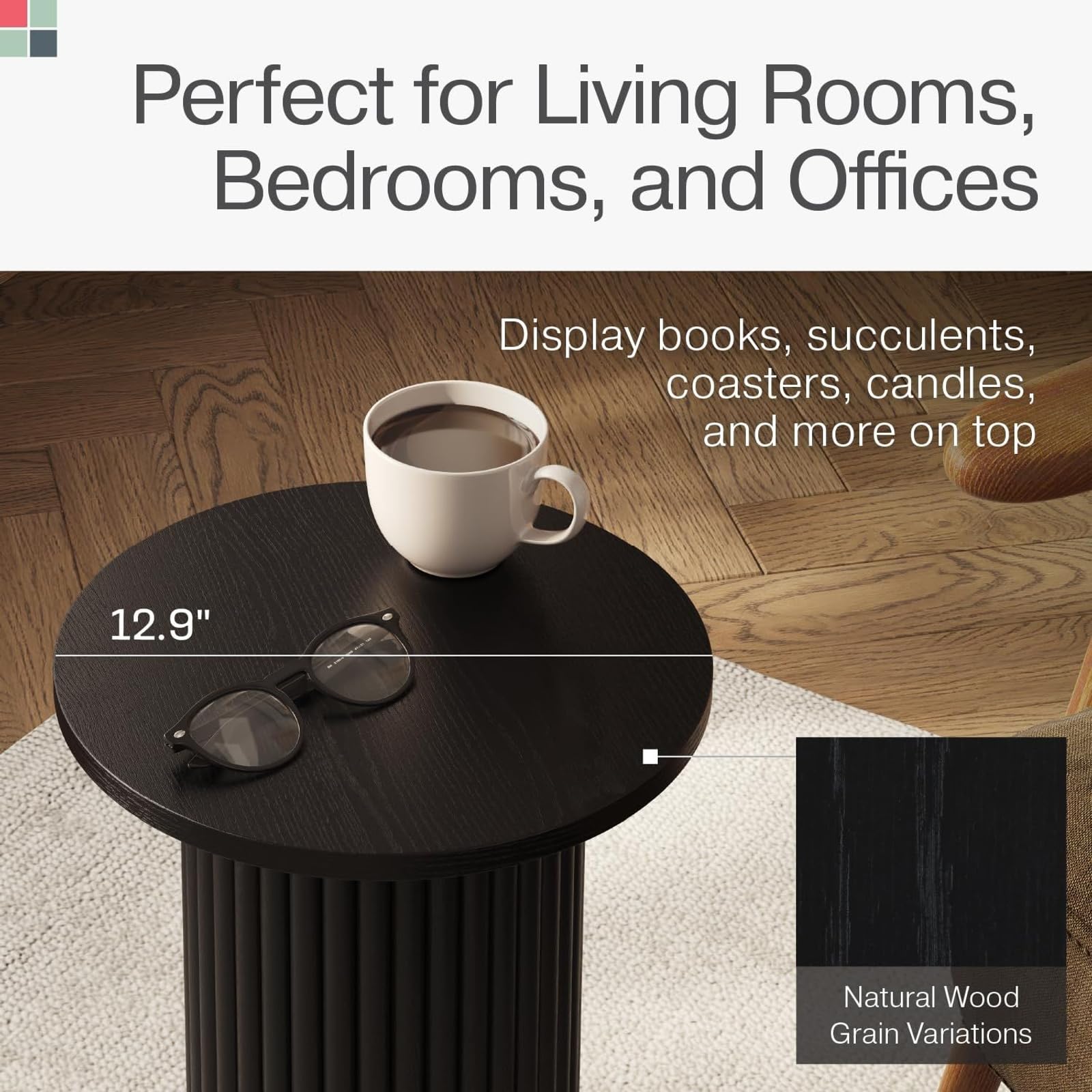 Small Round Fluted Accent Side Table - Black Wooden End Table with Solid Oak Base for Modern Bedroom & Living Room - Nightstand, Sofa Side Table, Coffee Table Companion (Blackened Oak Finish)