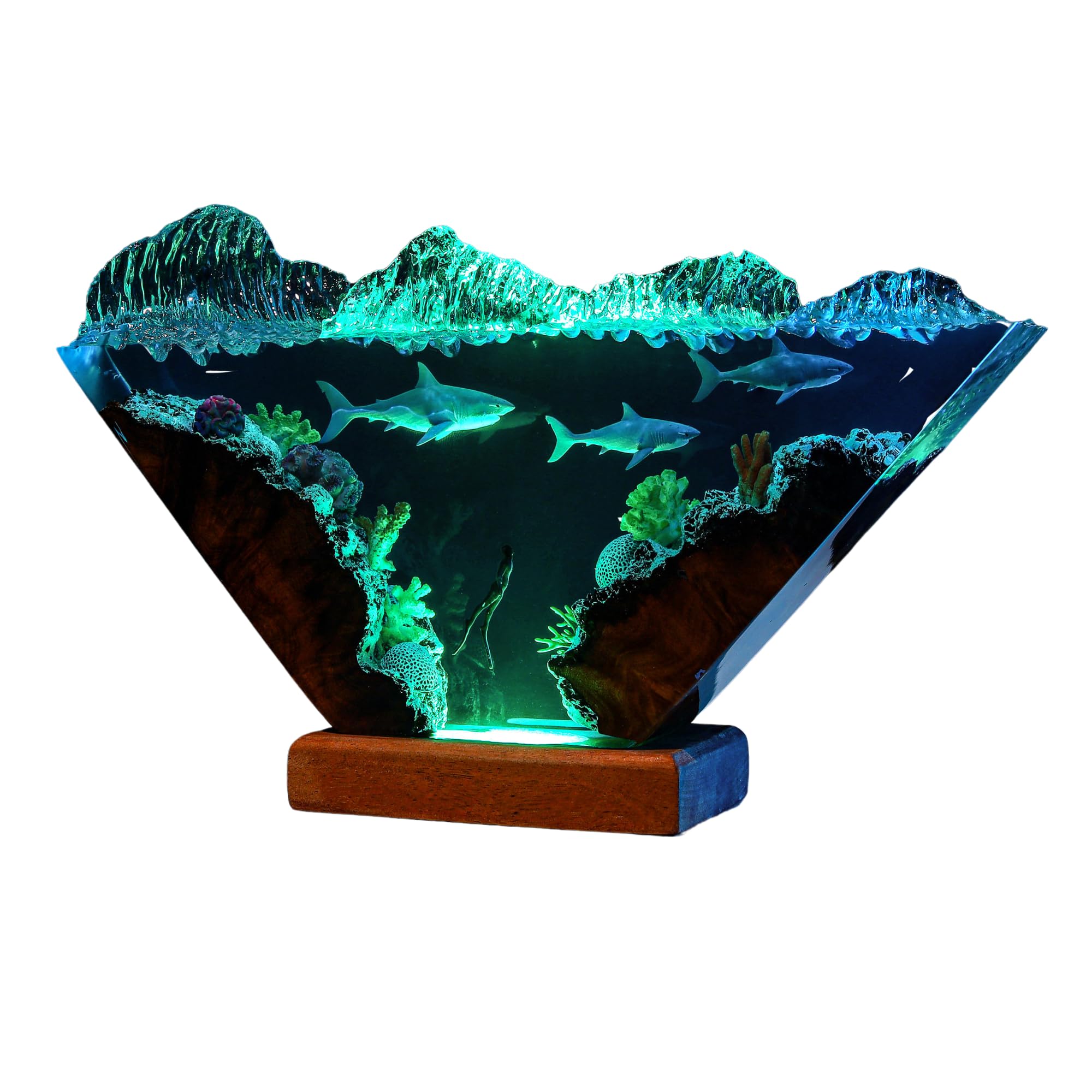 Custom Epoxy Resin Shark Night Light - 10x5 Inch Deep Blue Sea Table Lamp with Great White Shark & Diver Design, Unique Valentine's Gift for Him or Her - Perfect for Bedroom Decor, Ocean Theme Room Lighting & Romantic Gifts