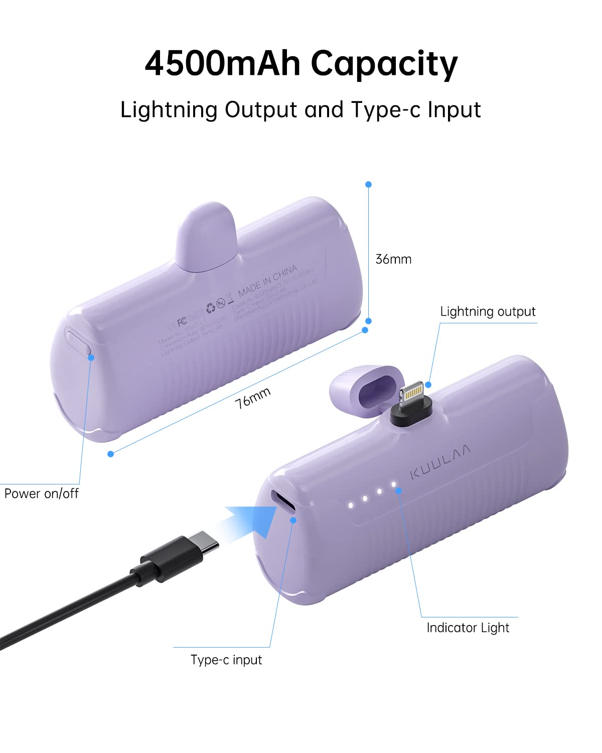 Kuulaa 4500mAh Mini Portable Charger - Compact Power Bank for iPhone 14/13/12/11/XS/XR & AirPods - Cute Purple Battery Pack for Travel, Outdoor & Emergency Charging