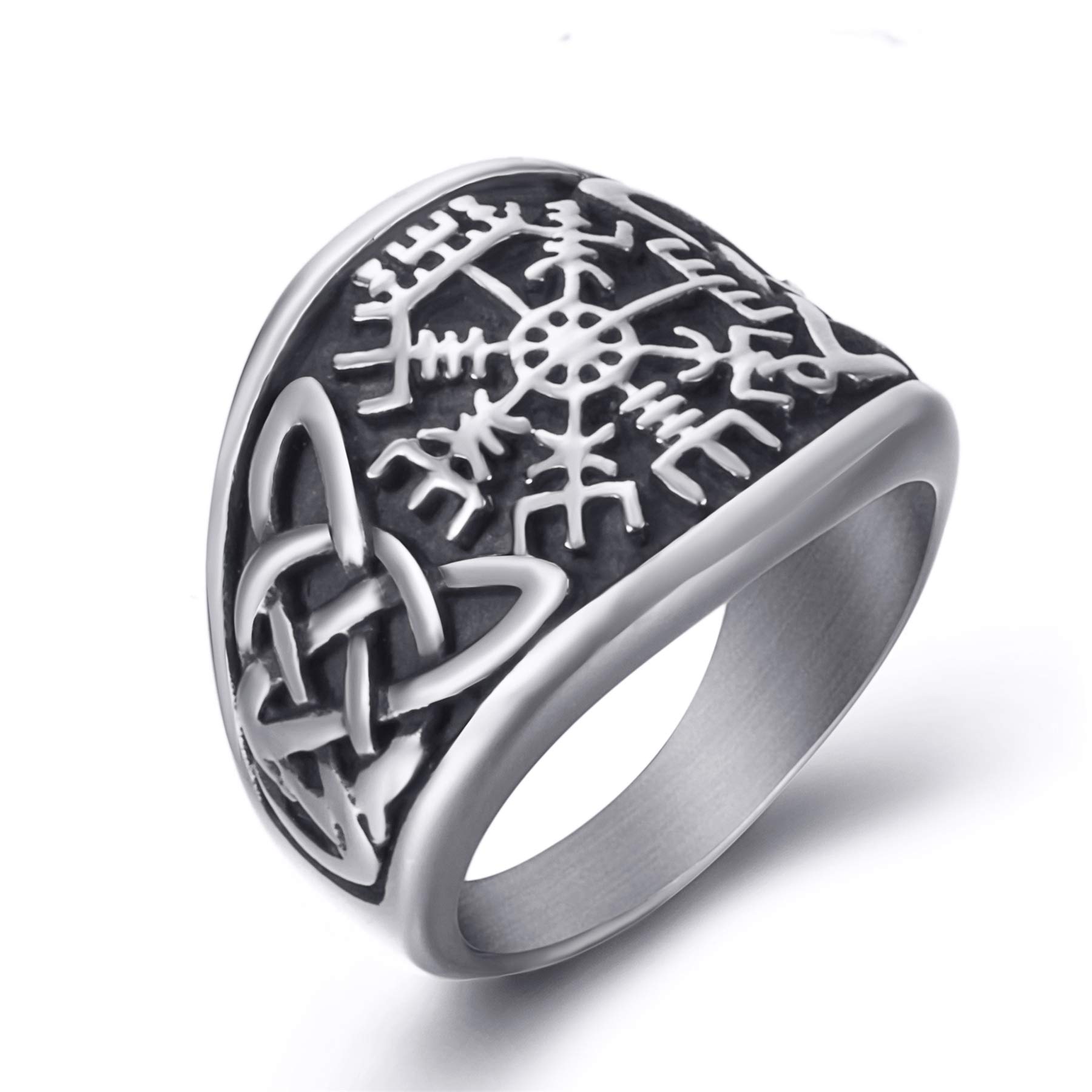 Viking Stainless Steel Ring for Men - Norse Valknut Vegvisir Pirate Compass Symbol Jewelry (Size 8-13) - Perfect for Viking Lovers, Medieval Reenactment & Norse Mythology Fans