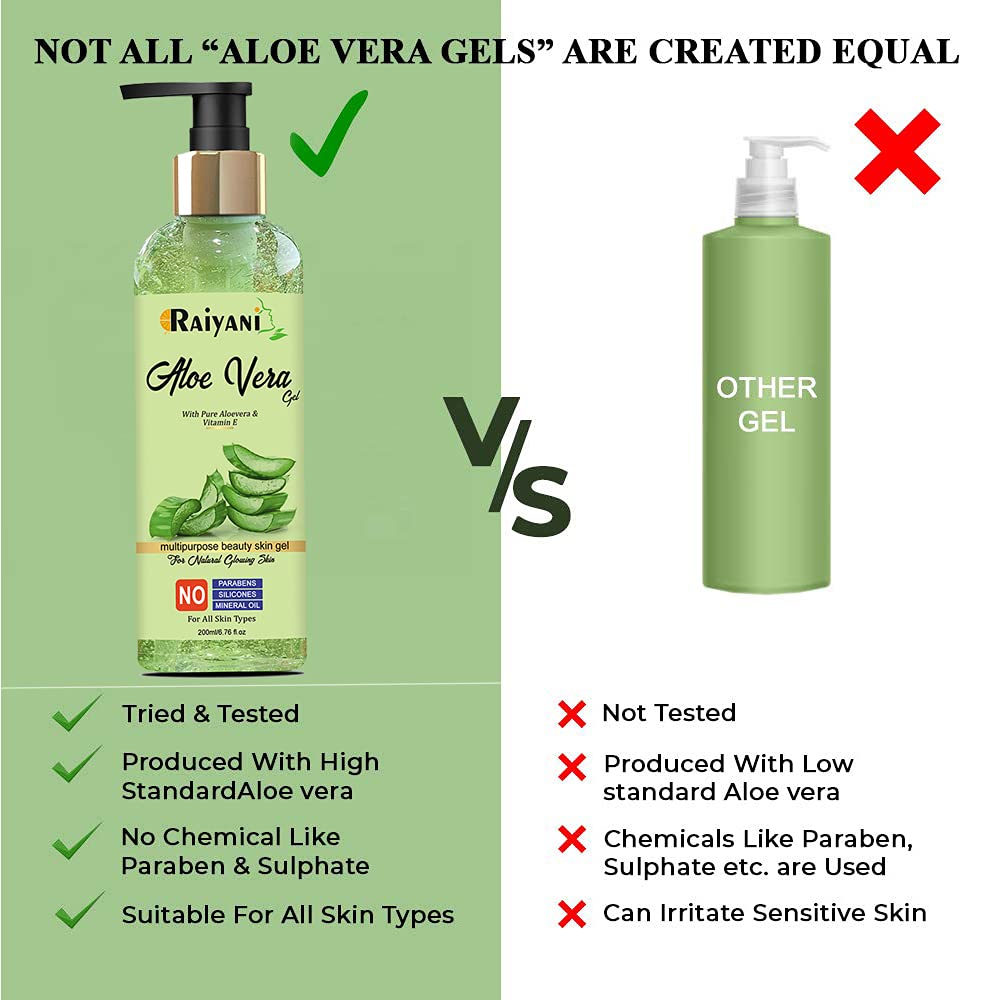 **Raiyani 99% Pure Organic Aloe Vera Gel for Face & Skin – Natural Moisturizer with Vitamin E, Paraben-Free, Silicone-Free, No Mineral Oil – 200ml | Hydrating, Soothing, Sunburn Relief, After-Shave Care**