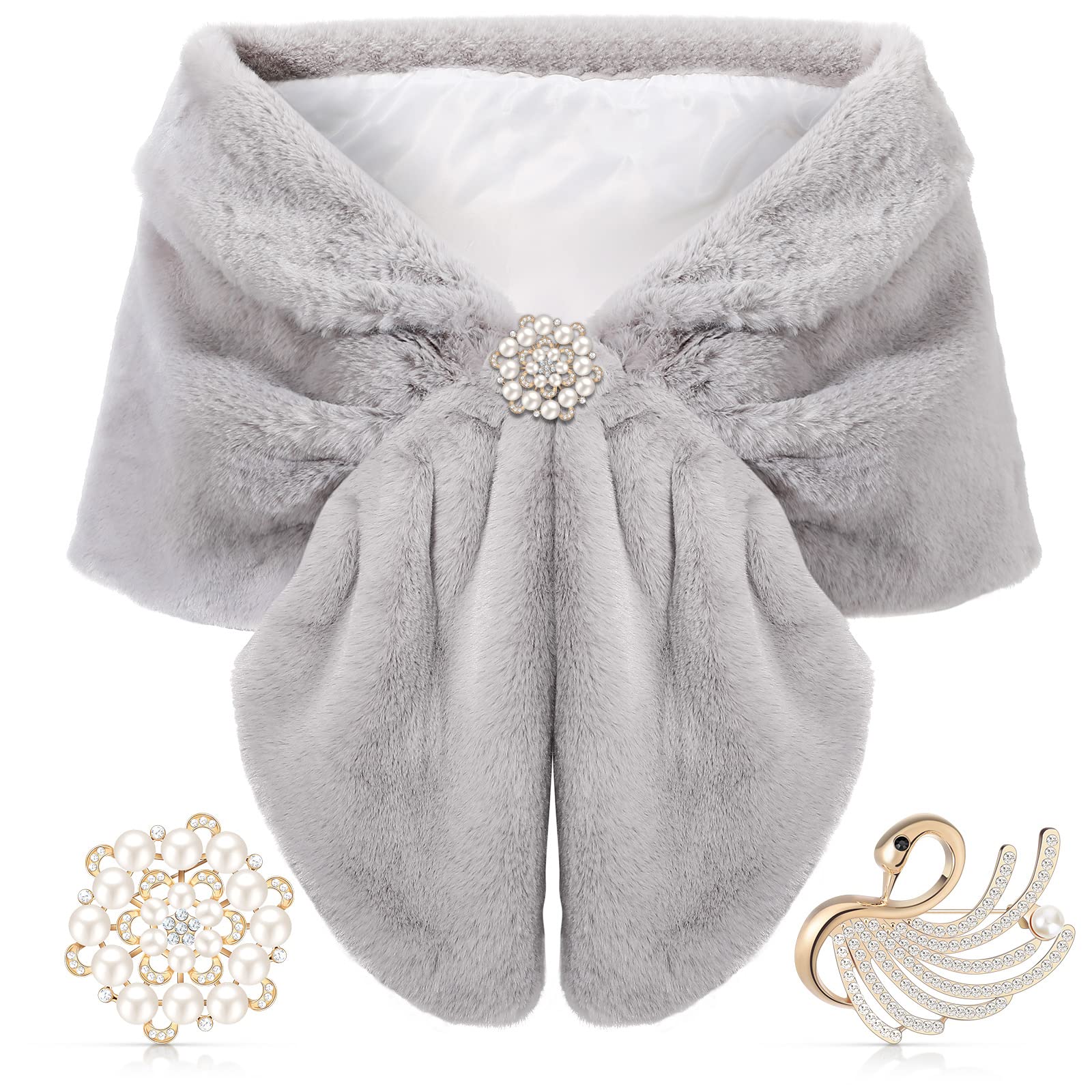 Geyoga Women's Faux Fur Shawl Wrap Stole - Winter Bridal Wedding Scarf with Rhinestone Brooches - Elegant 1920s Style for Evening Parties, Date Nights & Special Occasions