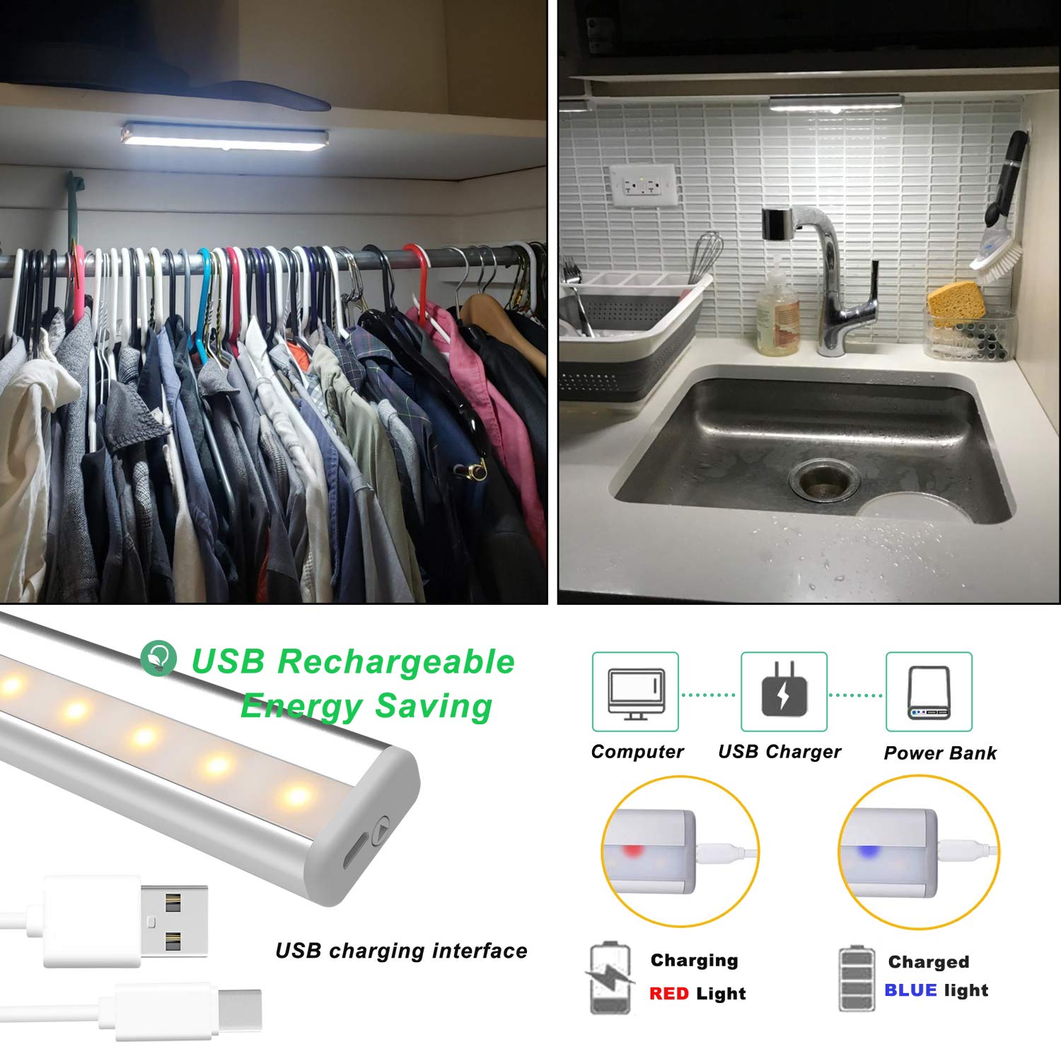 6 Pack Wireless Remote Control Under Cabinet Lights - 20-LED Dimmable Rechargeable Closet & Counter Lights, Stick-On Touch Night Light Strip Bar for Kitchen, Stairway, Bedroom (3 Color Options) - Perfect for Nighttime Safety & Ambient Lighting