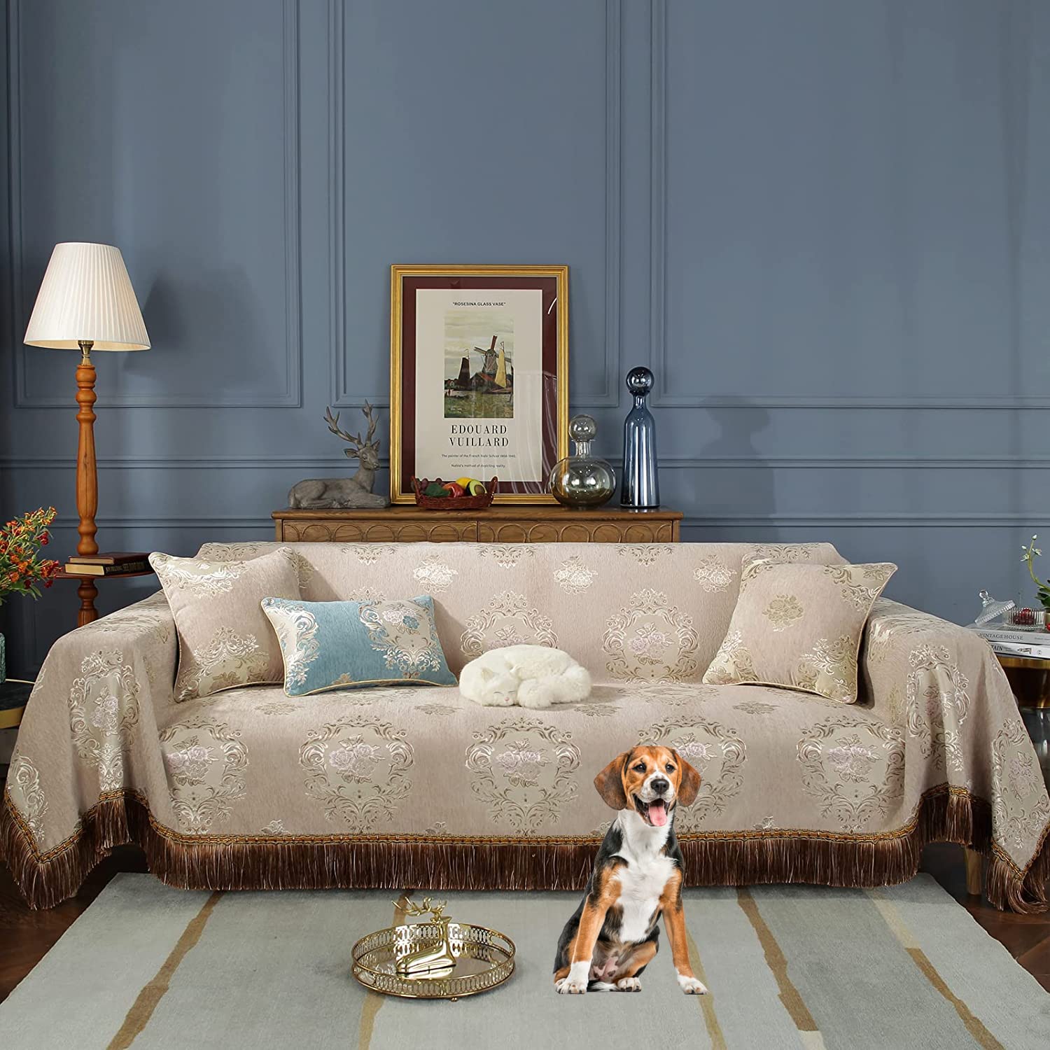 Luxury Retro Damask Jacquard Sofa Cover - Handmade Tassel Slipcover for 3-Cushion Sectional Couches (71x150in) | L-Shaped Sofa Protector for Living Room | Boho Chic Pet-Friendly Sofa Blanket | Perfect for Home Decor, Dog Protection & Cozy Lounging