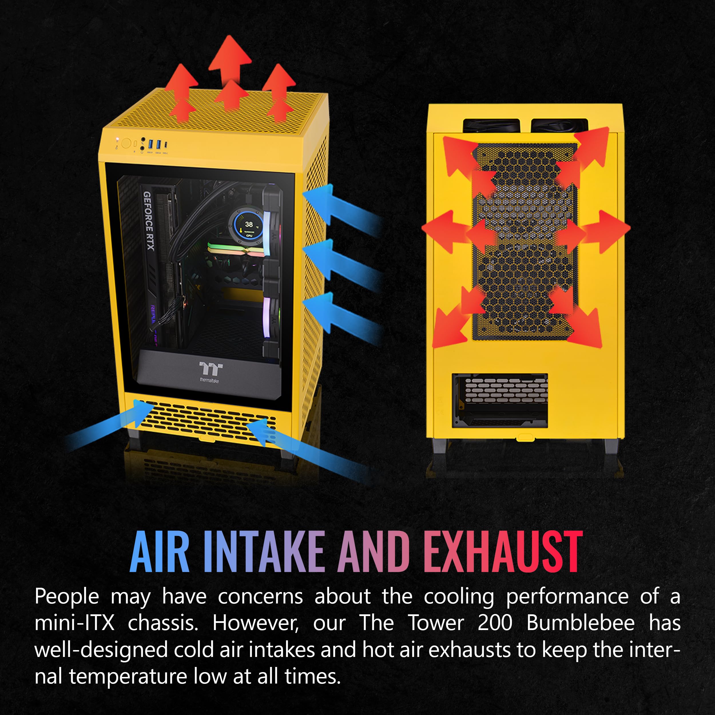 Thermaltake Tower 200 Mini-ITX PC Case - Compact Gaming Computer Case with 2x140mm Pre-Installed CT140 Fans, Supports GPU Up to 380mm (Bumblebee Yellow) - Perfect for Small Form Factor Builds, Home Office & Gaming Setups