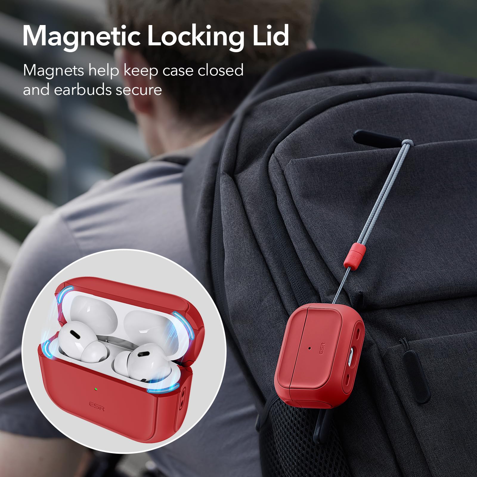 ESR HaloLock Case for AirPods Pro 2 & 1st Gen (2023/2022/2019) - MagSafe Compatible, Shockproof Protective Cover with Lanyard, Dark Red - Perfect for Gym, Travel & Everyday Use
