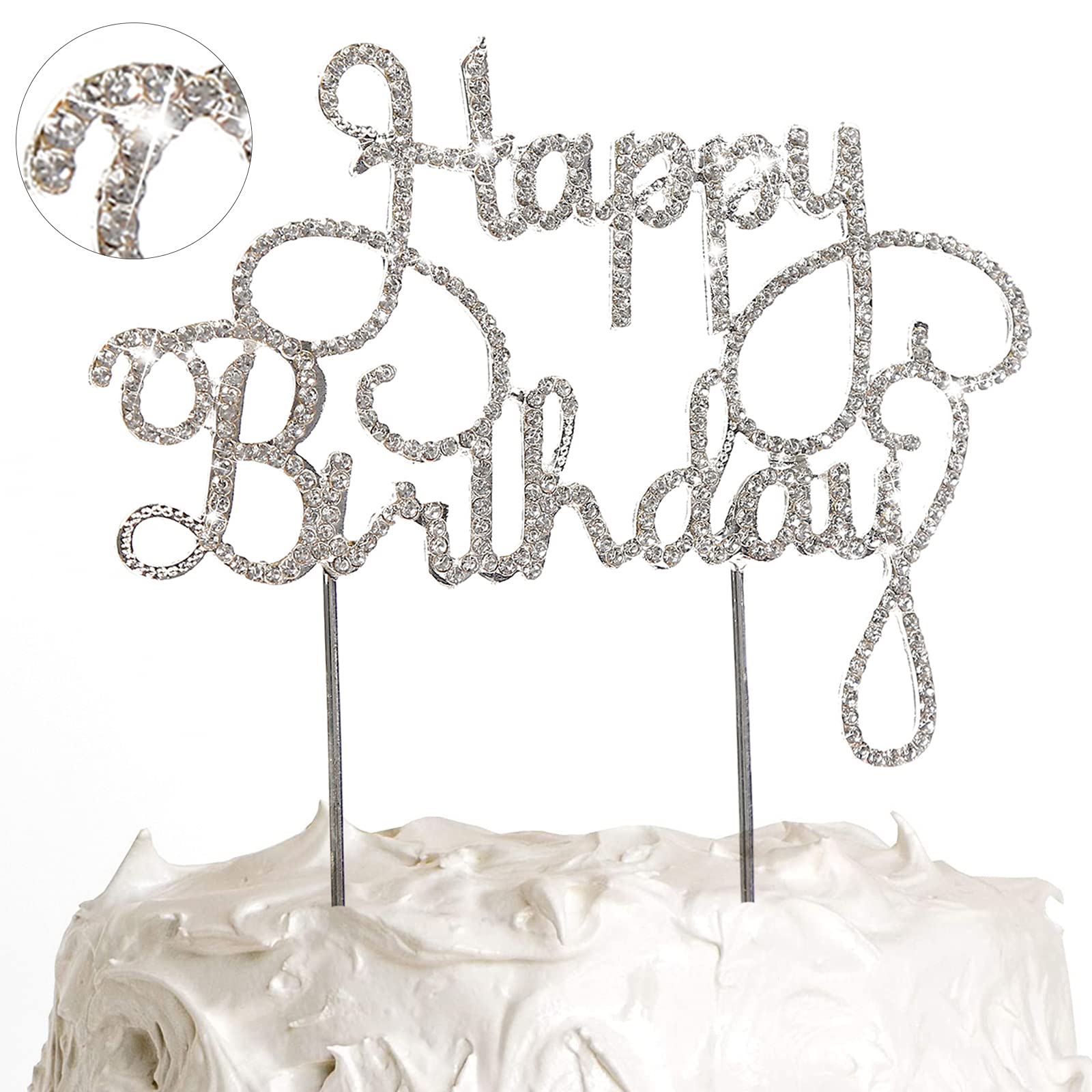 PartyWoo Silver Rhinestone Happy Birthday Cake Topper - 6.7 Inch Reusable Cake Decorations for Birthday Parties, Weddings & Special Celebrations (1 Piece)