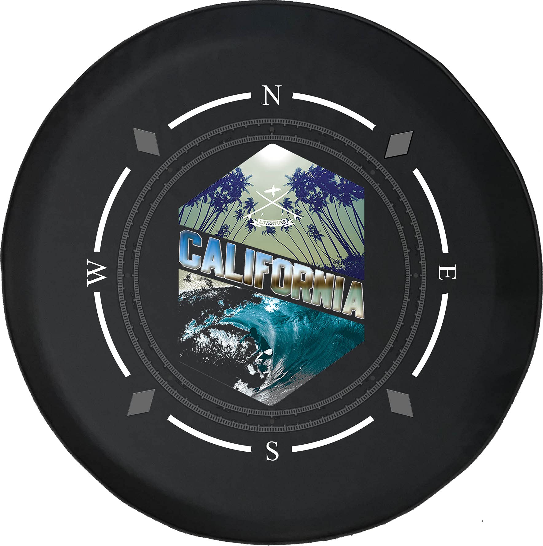 American Unlimited Spare Tire Cover with Compass Design | California Surfing Style Wheel Cover for SUV, Trailer & RV Accessories | Fits Most Vehicles | Perfect for Road Trips & Outdoor Adventures