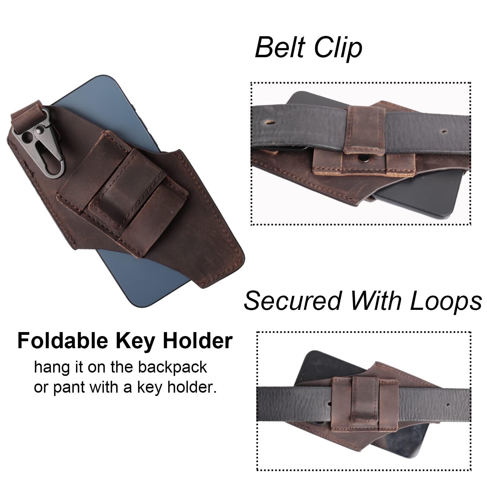 Gentlestache Leather Cell Phone Holster with Belt Clip - Premium Leather Phone Pouch for iPhone, Samsung & Motorola - Belt Loop Case for Men & Women - Medium Size Dark Brown - Perfect for Outdoor, Work & Travel