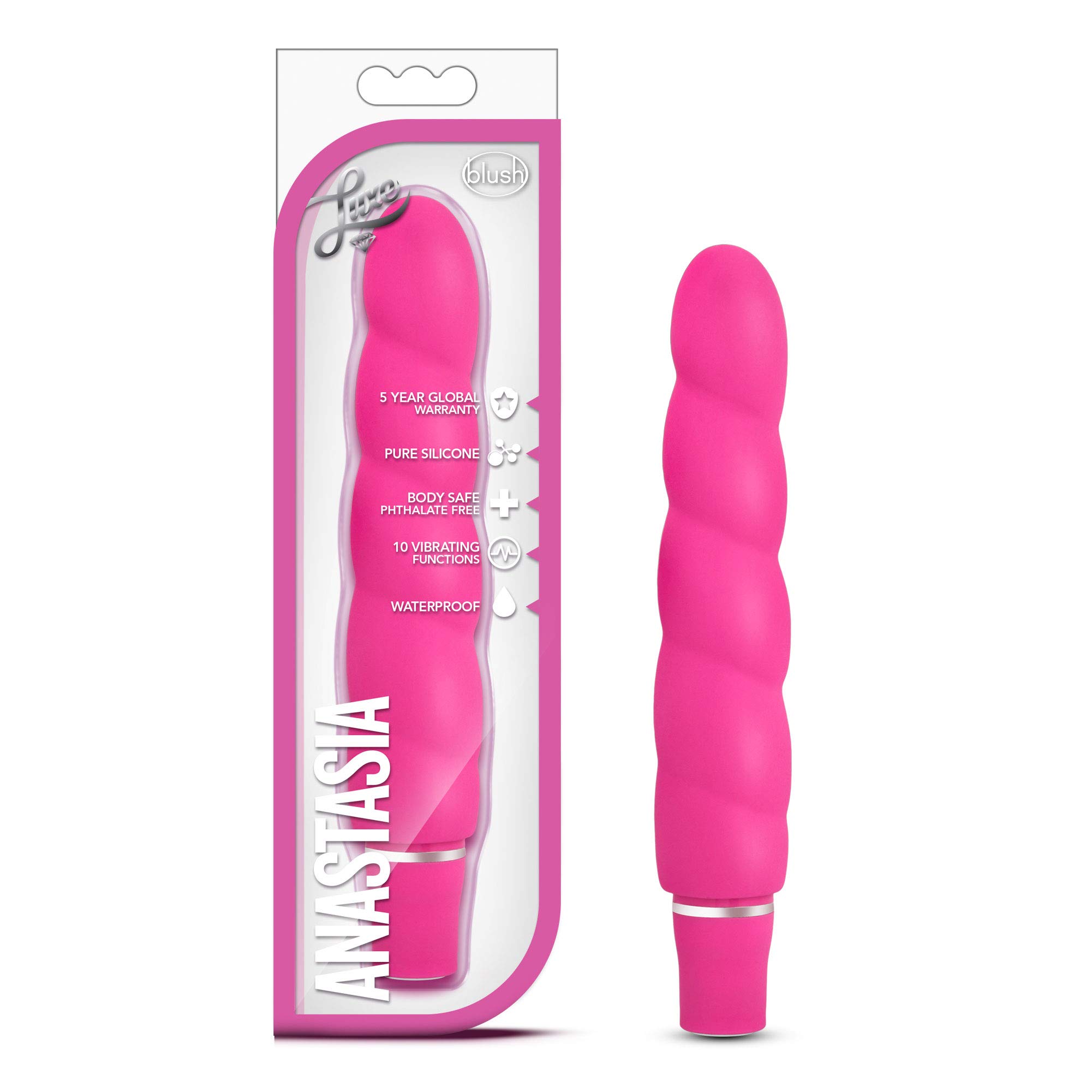 Blush Novelties Luxe Anastasia - 6.5 Inch 10-Speed Vibrating Spiral Platinum Silicone AA Battery Powered Vibrator - Ribbed Stimulator for G-Spot & Clitoral Pleasure - IPX7 Waterproof Sex Toy for Women & Couples - Pink - Perfect for Shower Play & Sensual Massage