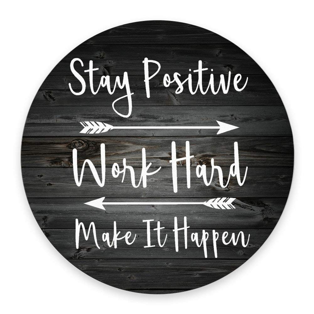 Custom SSOIU Gaming Mouse Pad with Inspirational Quote - Stay Positive Work Hard & Make It Happen - Rustic Black Old Wood White Design - Round Non-Slip Desk Mat for PC, Laptop, Office & Home Workspace