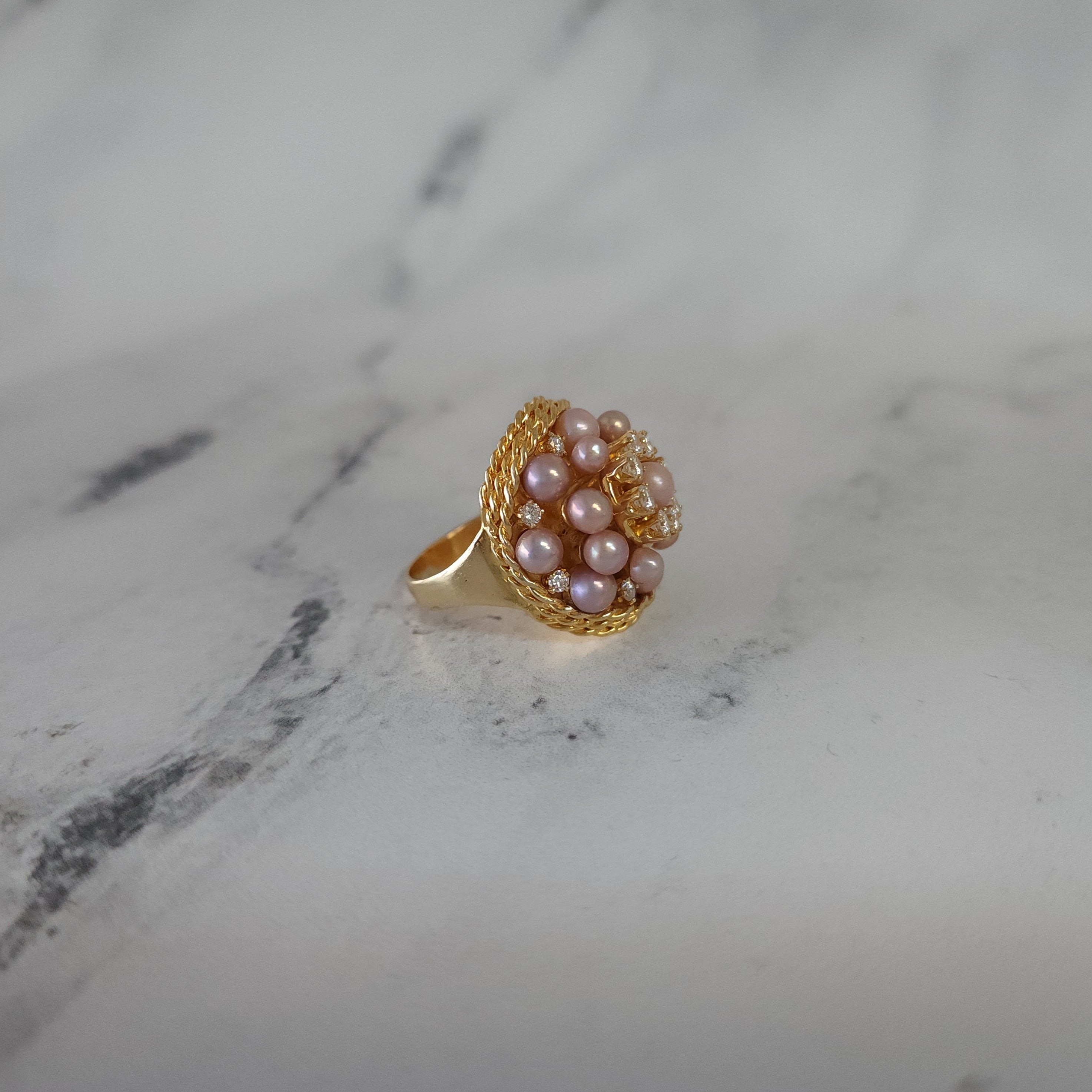 Elegant Pink Pearl & Diamond Triple Halo Cocktail Ring with Rope Design - Perfect for Evening Parties, Weddings & Special Occasions