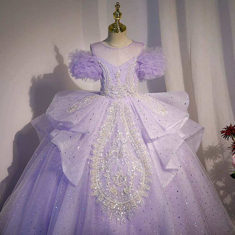Lilac Princess Round Floor Length Tulle Flower Girl Dress for Weddings, Baptisms & Special Occasions
