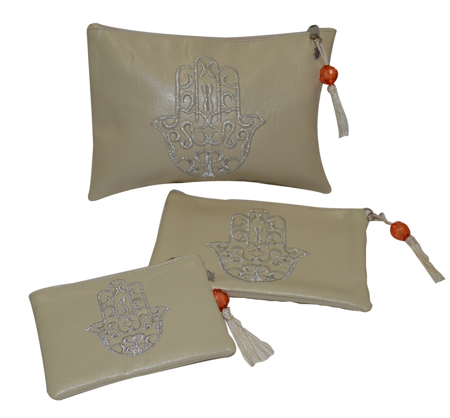 3-Pack Moroccan Makeup Bags with Hand of Fatima Embroidery - Zippered Cosmetic Organizer Set in Beige | Perfect for Travel, Gym & Daily Beauty Storage