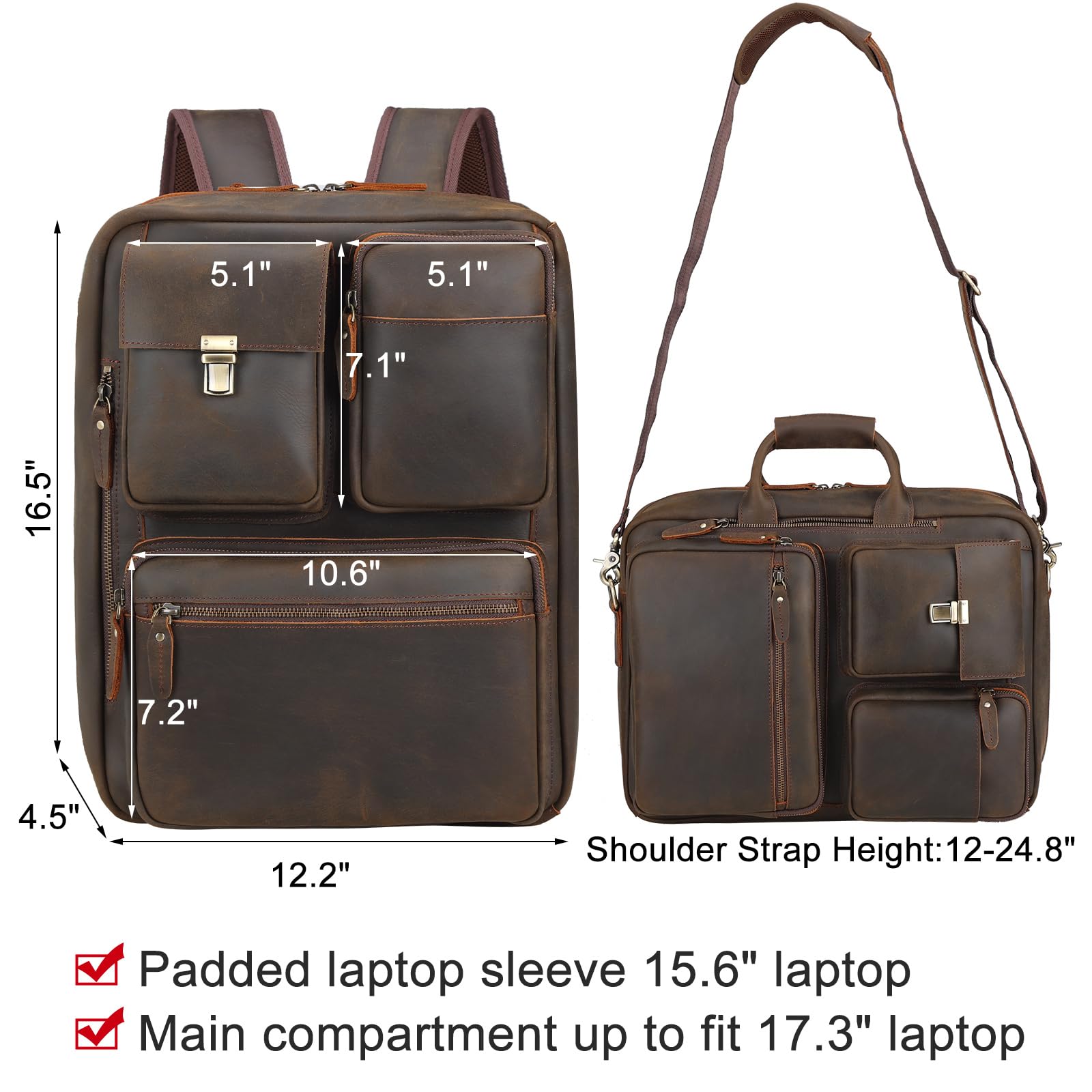TIDING Men's Leather Convertible Backpack - 15.6 Inch Laptop Briefcase & Messenger Bag for Work, Business Travel & Daily Commute - Durable Rucksack for Professionals & Students