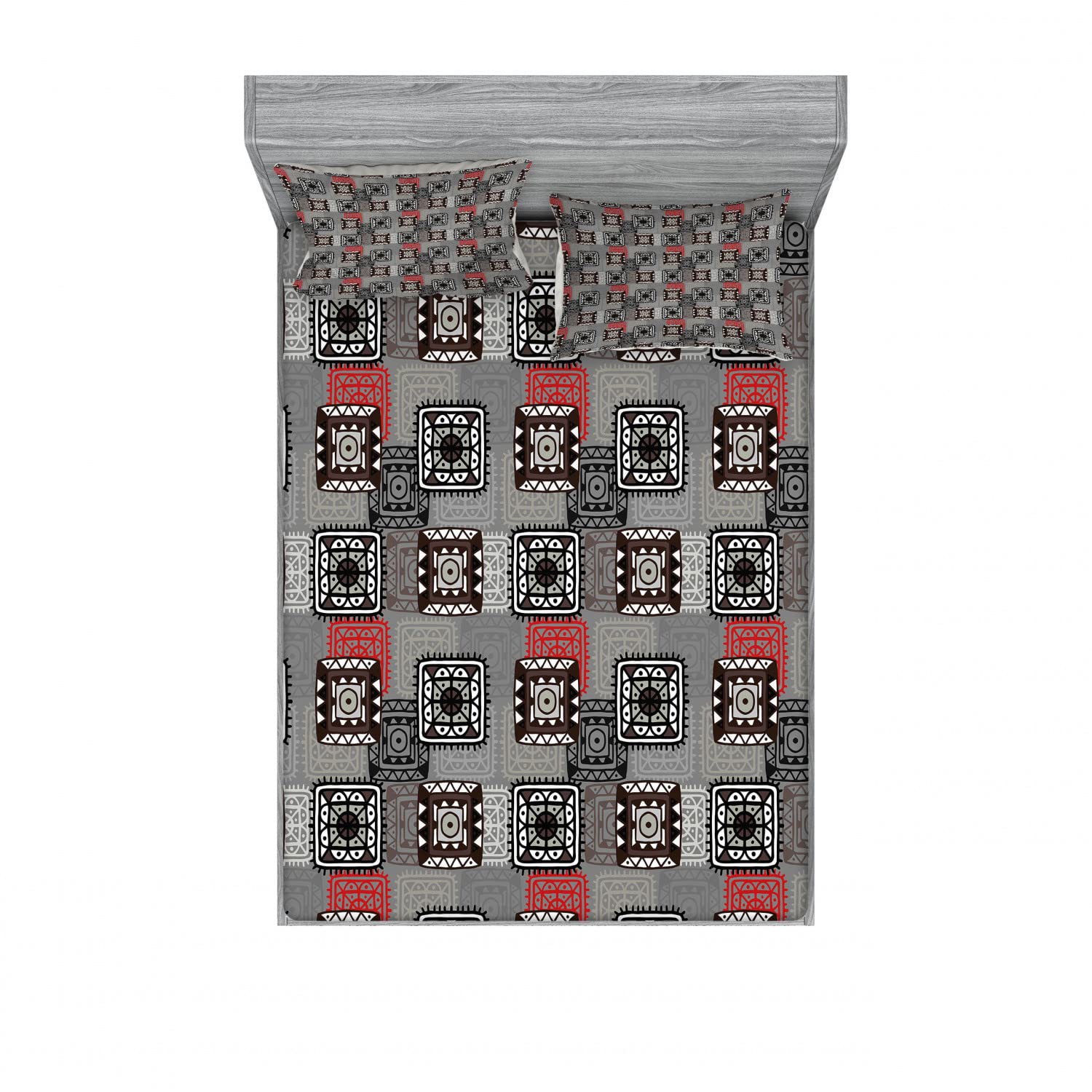 Ambesonne 2-Pack Queen Size Fitted Sheet & Pillow Sham Set - Aztec Tribal Pattern Bedding in Grey Vermilion Brown - 4 Piece Luxury Cotton Sheets with Elastic Edges - Perfect for Guest Rooms, Dorm Decor & Bohemian Bedroom Style