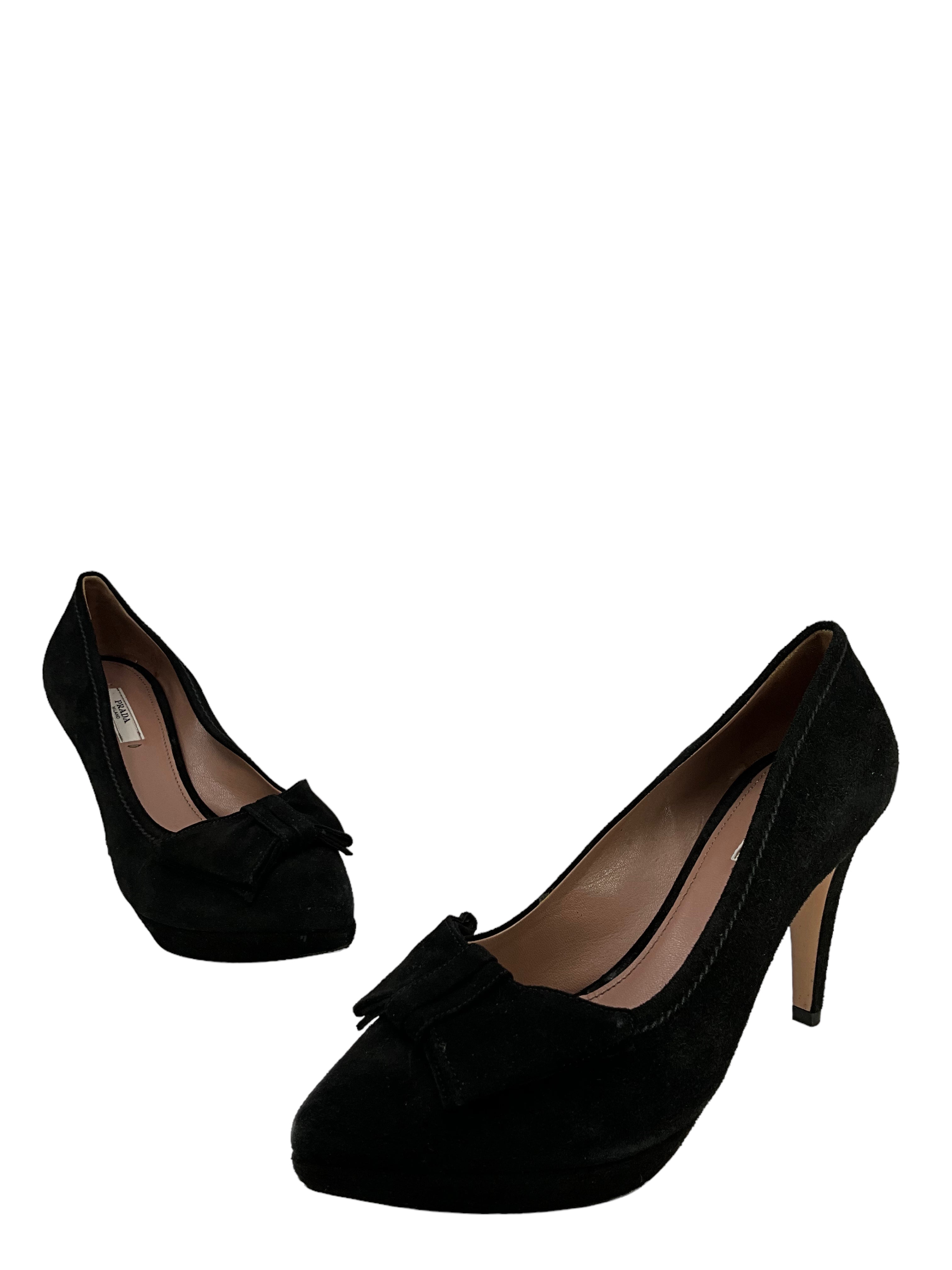 Prada Black Suede Platform Pumps with Bow - Women's Size 8.5 US | Luxury High Heel Dress Shoes for Weddings, Parties & Formal Events