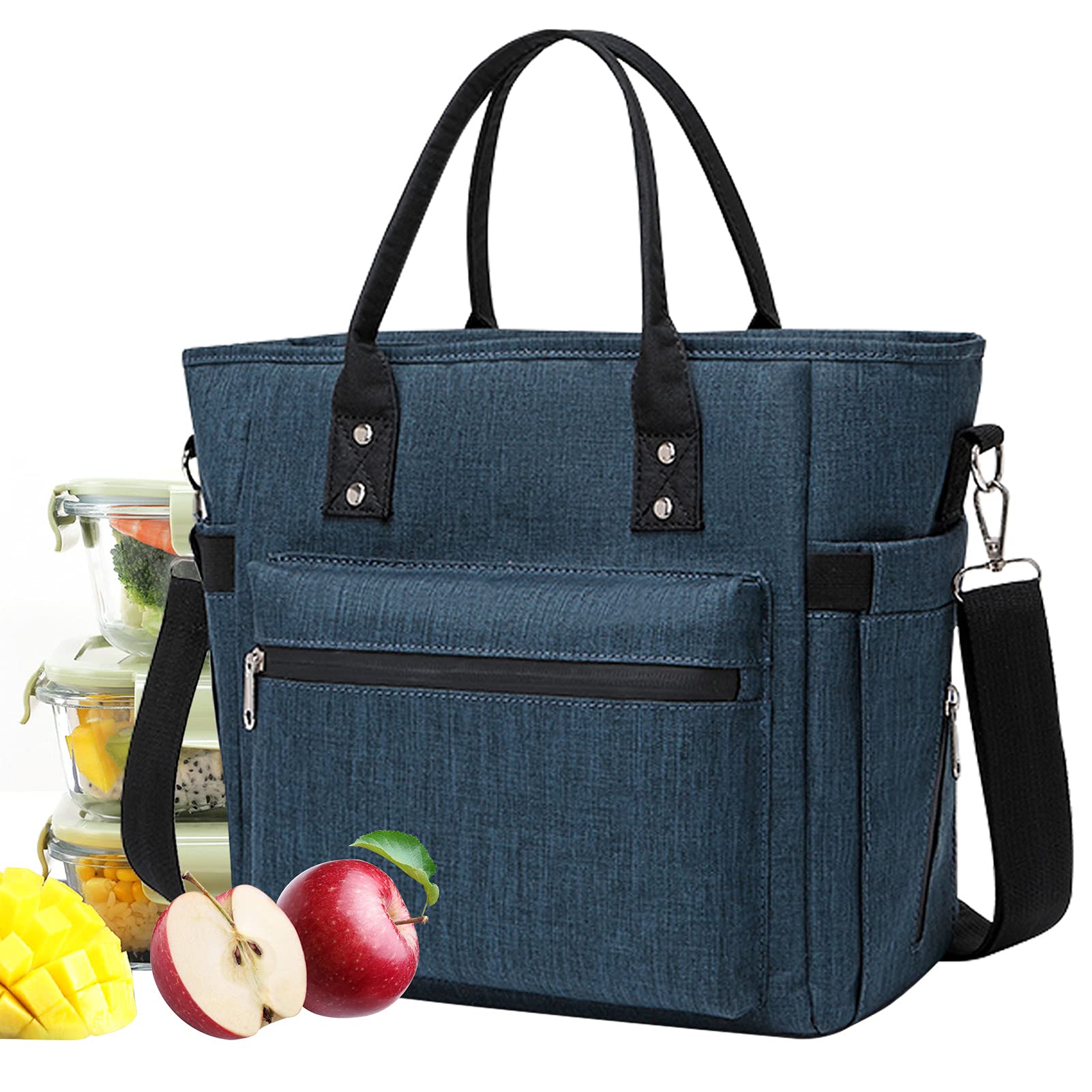 Premium Insulated Lunch Bag for Women & Men - Large Durable Lunch Tote with Adjustable Shoulder Strap, Leakproof Food Container & Drink Holder - Perfect for Office, School, Picnic, Beach & Outdoor Activities - Navy Blue