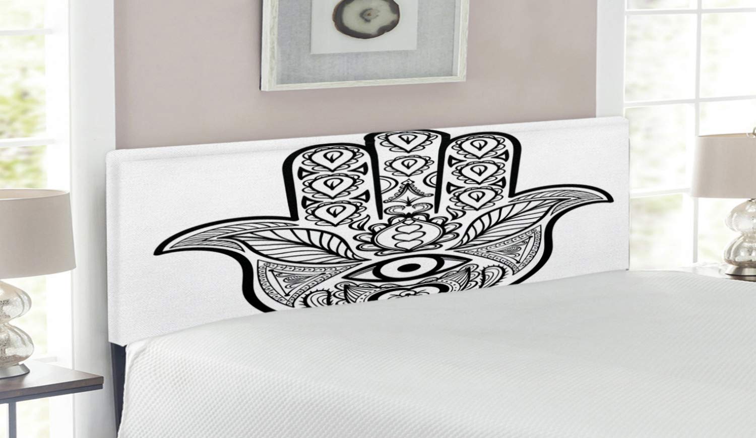 Ambesonne Hamsa Headboard - Queen Size Upholstered Metal Bed Frame with Memory Foam, Nature Inspired Tribal Boho Artwork in Black & White Monochrome Sketch | Perfect for Bohemian Bedroom Decor, Guest Room Makeover & Spiritual Meditation Space