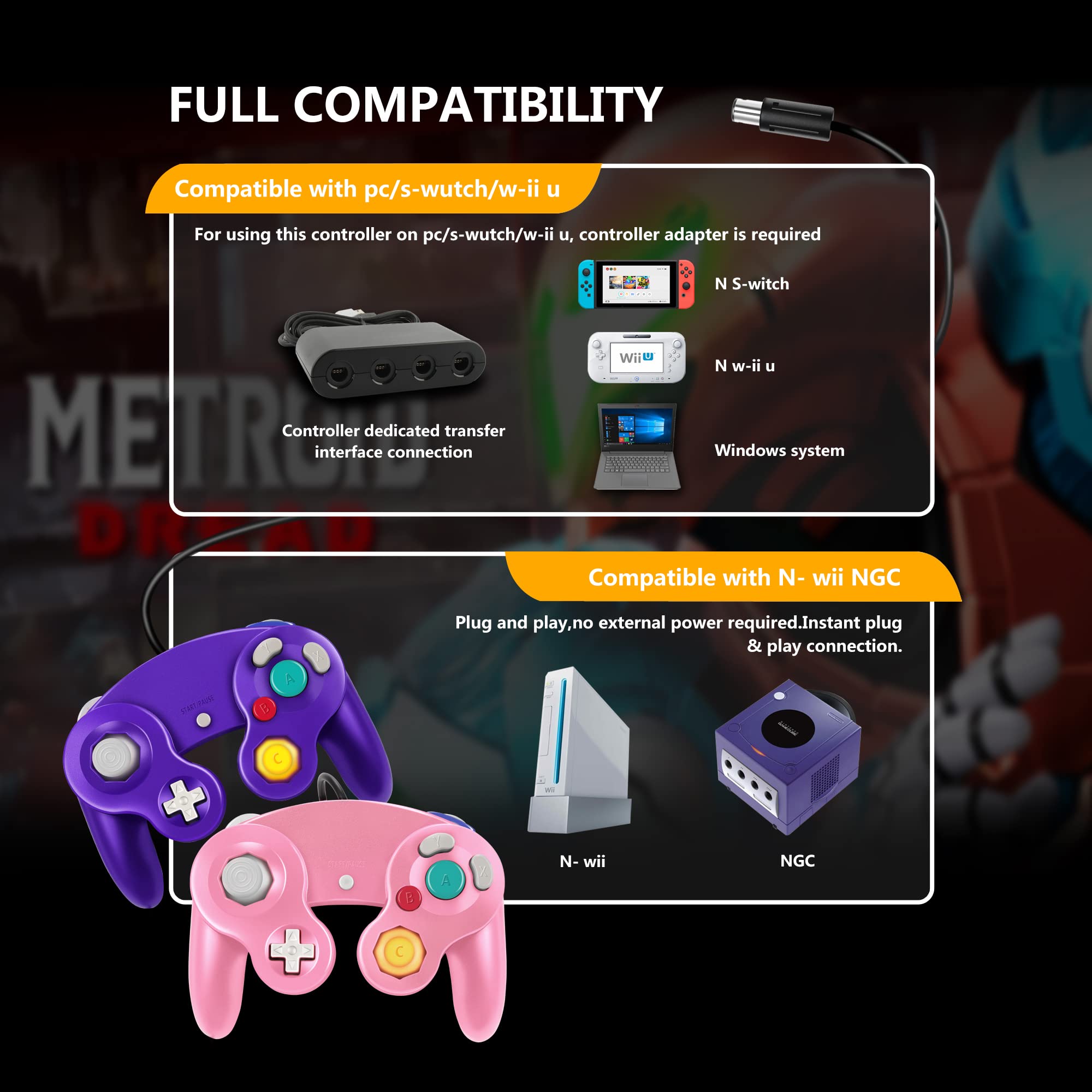 FIOTOK Gamecube Controller 2-Pack for Wii - Enhanced Black & Pink | Classic Gaming Accessory