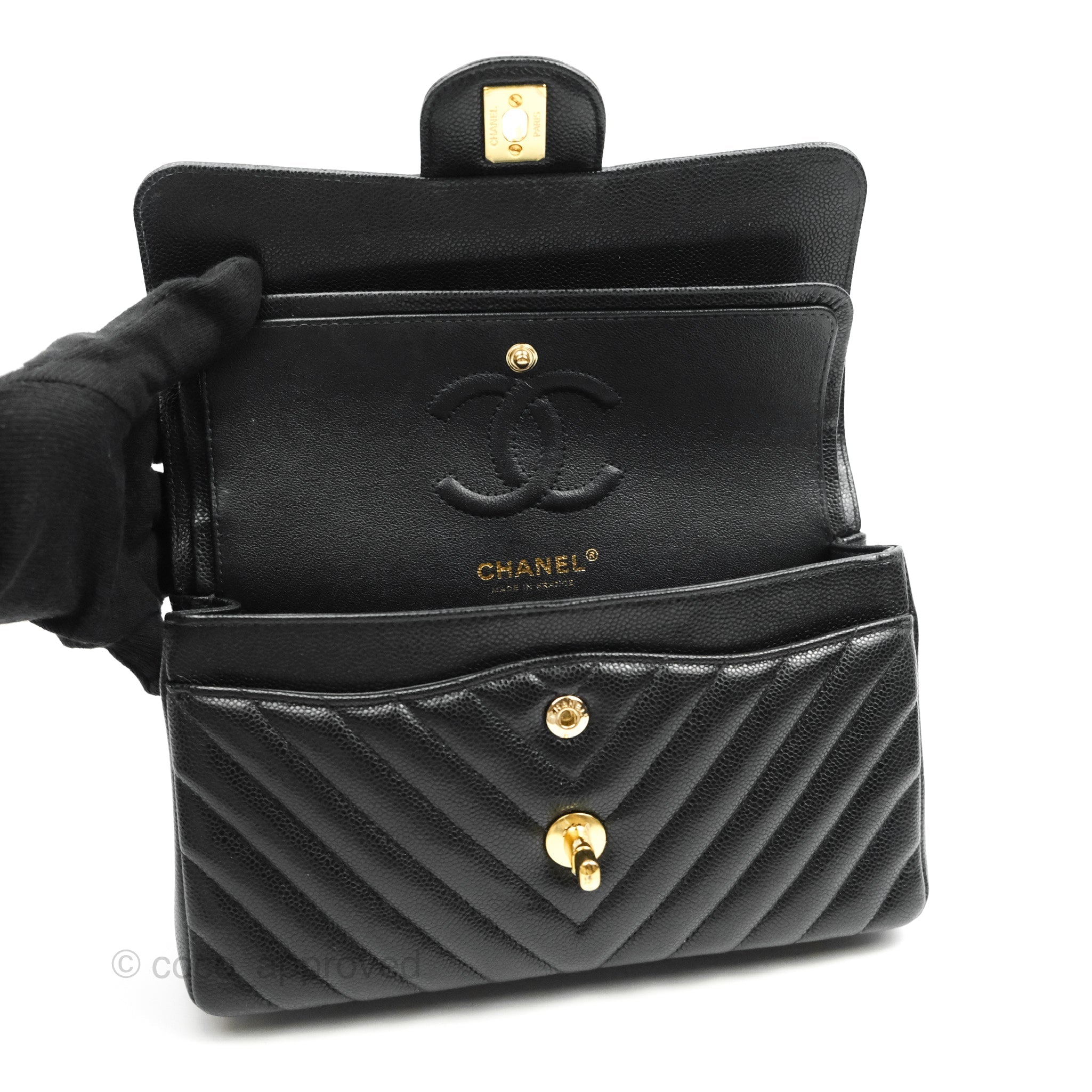 Chanel Classic Chevron Small Double Flap Bag Black Caviar Leather Gold Hardware - Luxury Designer Handbag for Women, Perfect for Parties & Evening Events