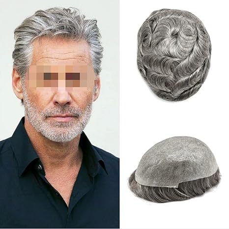 0.03mm Ultra Thin Skin Men's Toupee - 100% Human Hair V-looped Hairpiece Wig (8x10 Inch, Light Density, 1B65 Natural Black with 65% Gray) - Perfect for Daily Wear, Special Occasions & Hair Loss Solutions