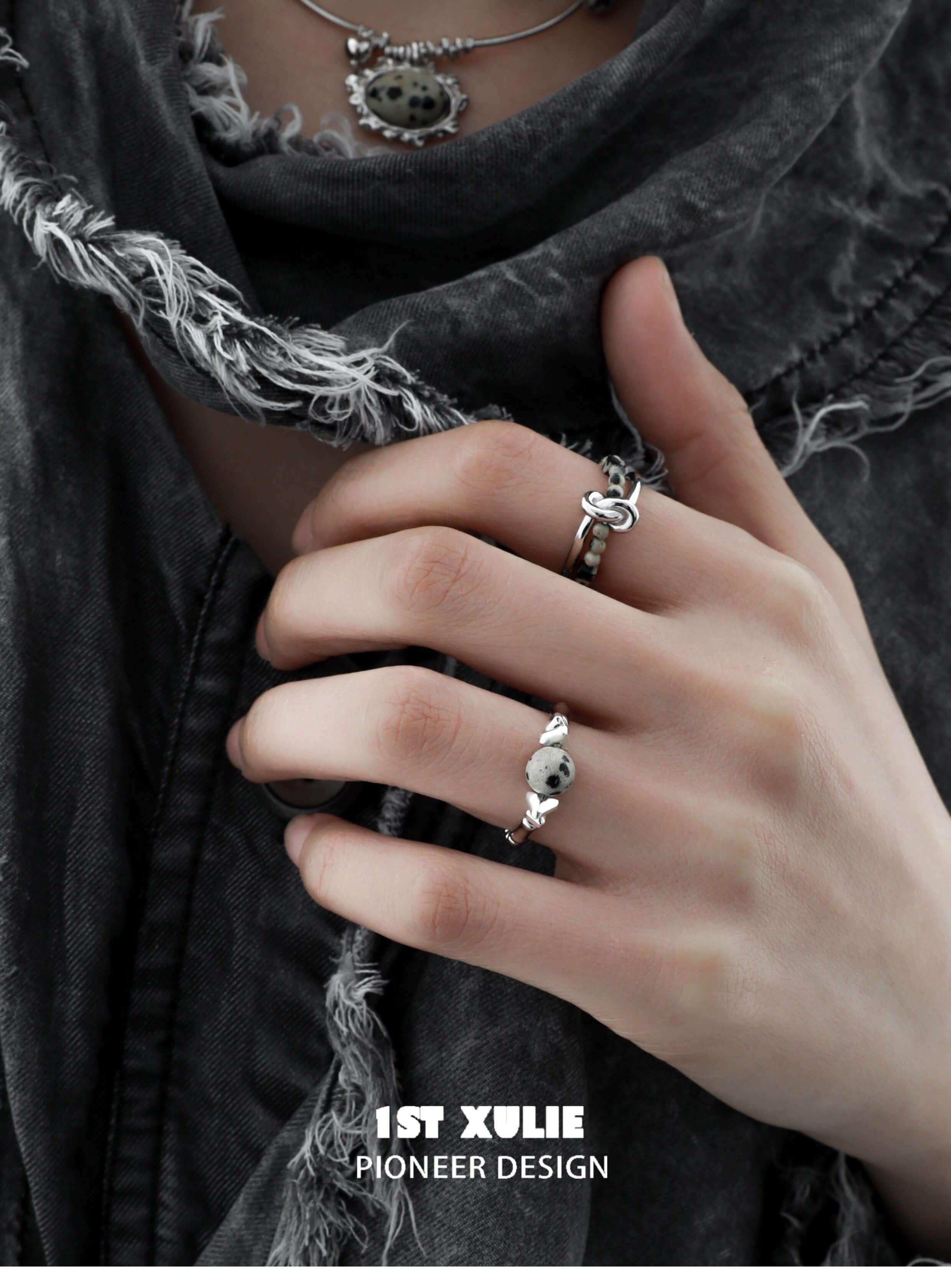 Stone Age S925 Sterling Silver Speckled Stones Open Ring for Women - Trendy Minimalist Jewelry for Everyday Wear, Gift Giving & Boho Fashion