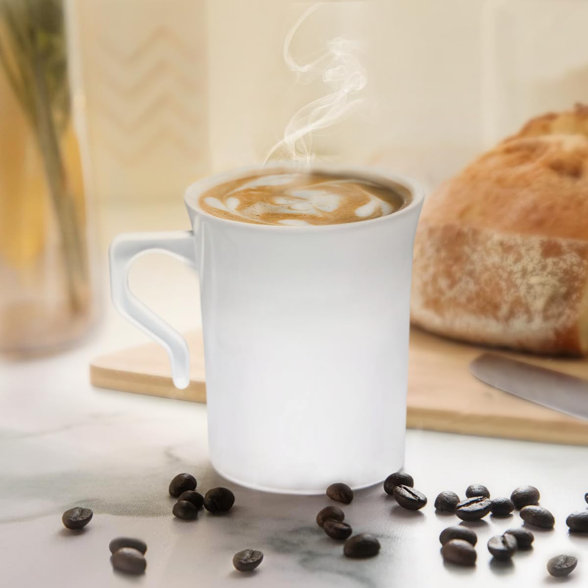 240 Pack Heavyweight Disposable 8 oz Plastic Coffee Cups with Handles - Wedding, Party, Office Use - White Tea Mugs for Cappuccino, Espresso & Hot Beverages