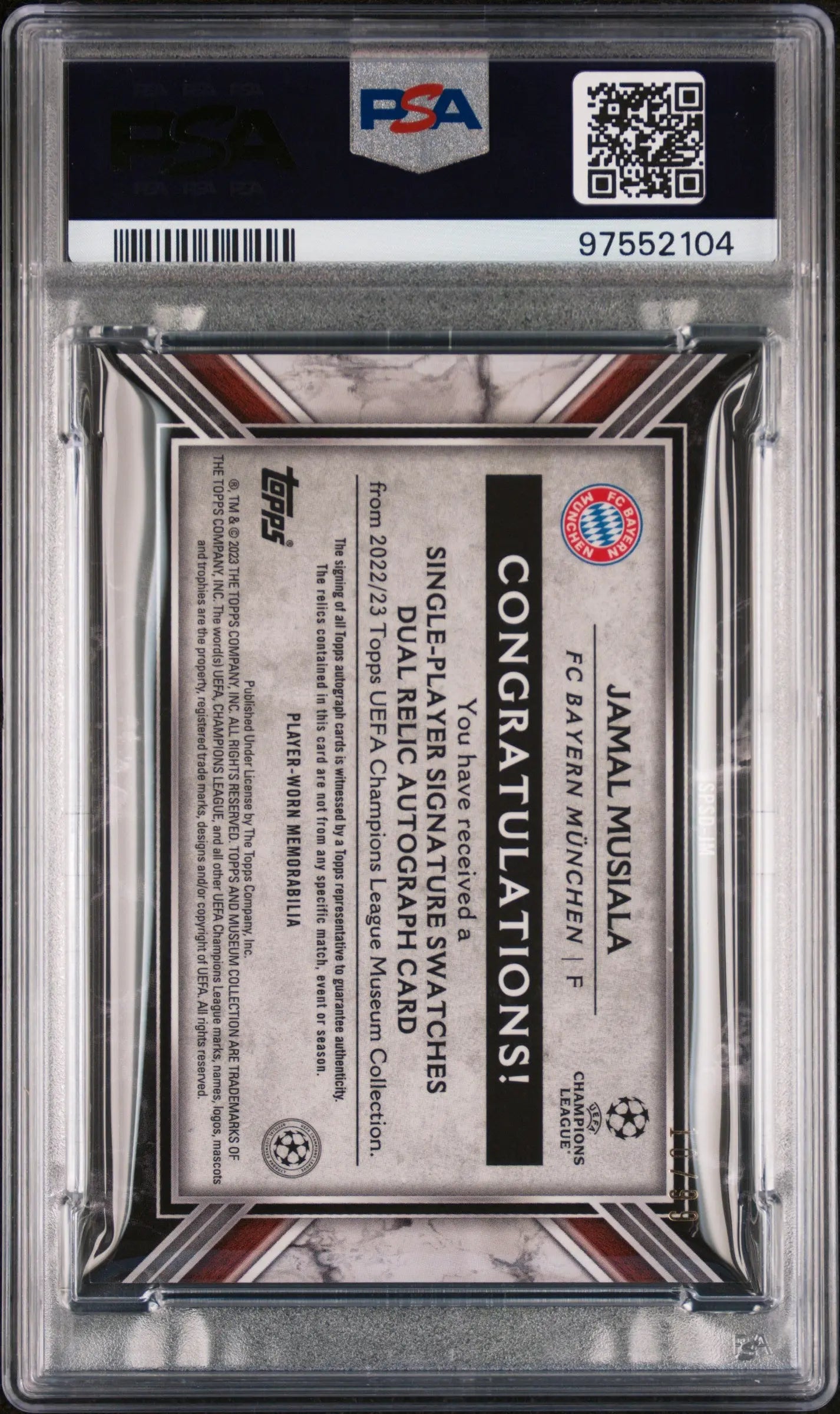 2022-23 Museum Collection UCL Single Player Dual Relic Auto Jamal Musiala PSA 9 /99 - Rare Soccer Trading Card for Collectors & Fans, Perfect for Display & Investment