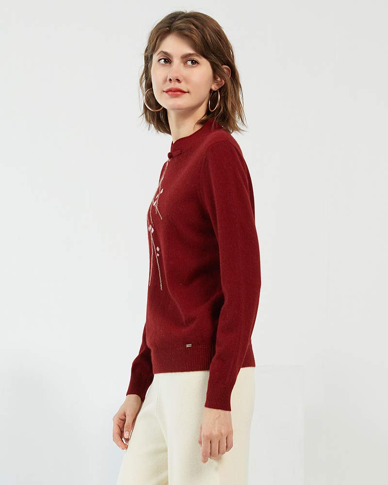 Zhili Women's 100% Pure Cashmere Embroidered Mandarin Collar Pullover Sweater - Soft & Warm Winter Knitwear for Office, Dating & Holiday Outfits