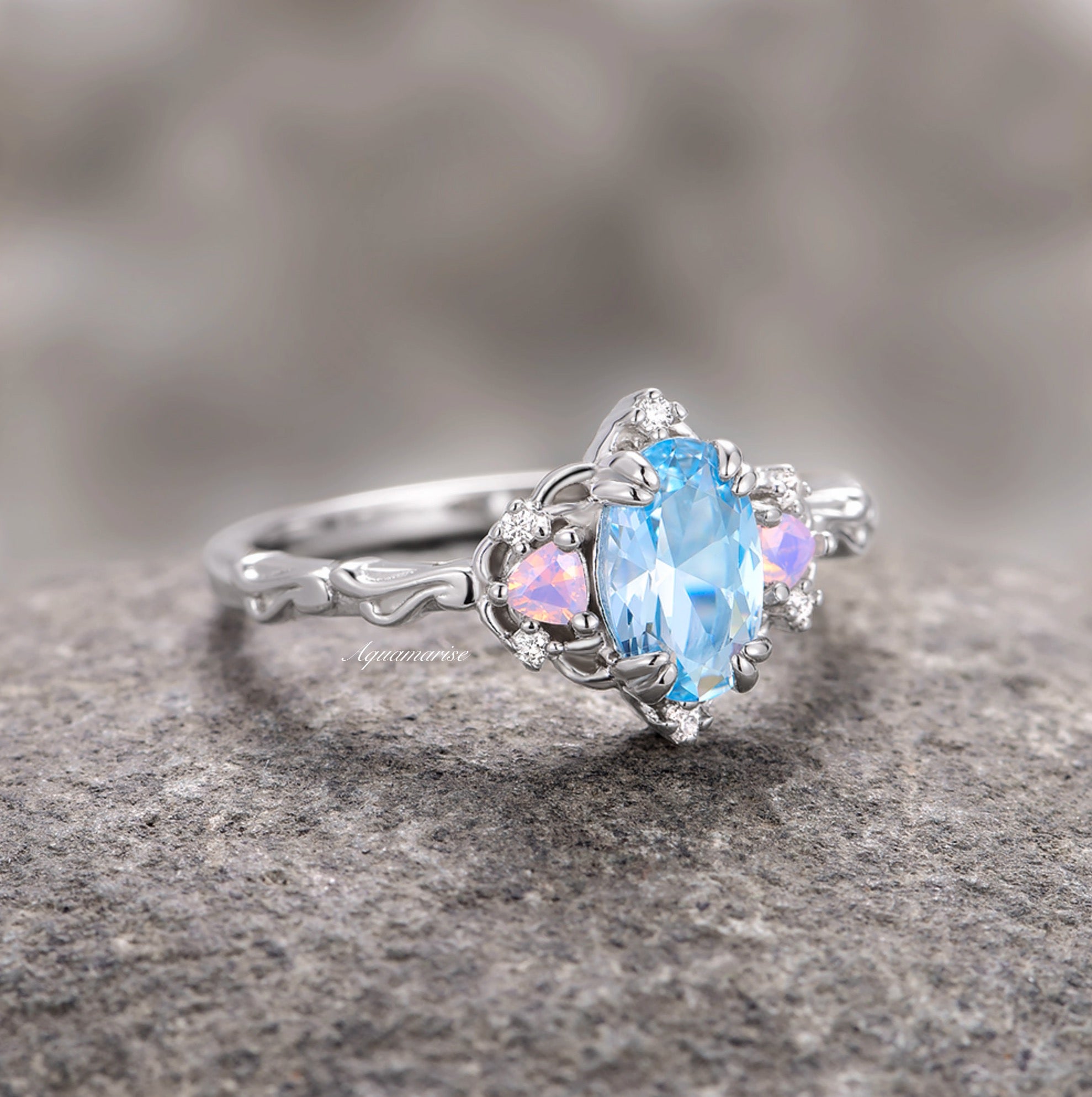 14K White Gold Esme Aquamarine & Opalescent Sapphire Ring – Elegant Jewelry for Women, Perfect for Weddings, Anniversaries & Special Occasions