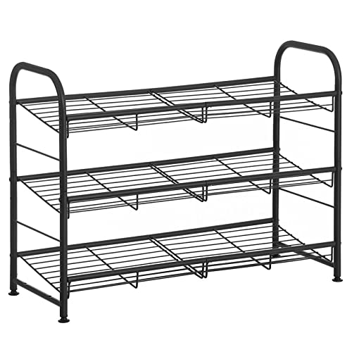 SONGMICS 3-Tier Stackable Shoe Rack Organizer - Holds 12 Pairs of Shoes, Sturdy Steel Frame (27 x 10.8 x 19.5 Inches) - Perfect for High Heels, Sneakers & Slippers - Space-Saving Storage Solution for Entryway, Closet, Bedroom or Dorm - Black ULMR066B01