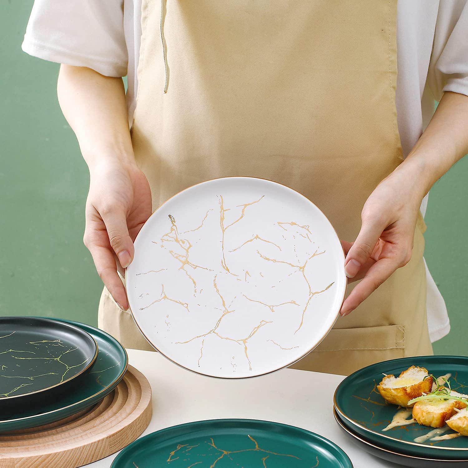 Nordic Style 8-Inch Ceramic Dinner Plates Set of 4 - Marble Gold Inlay, Microwave, Oven & Dishwasher Safe - Perfect for Family Dinners, Parties & Restaurant Use