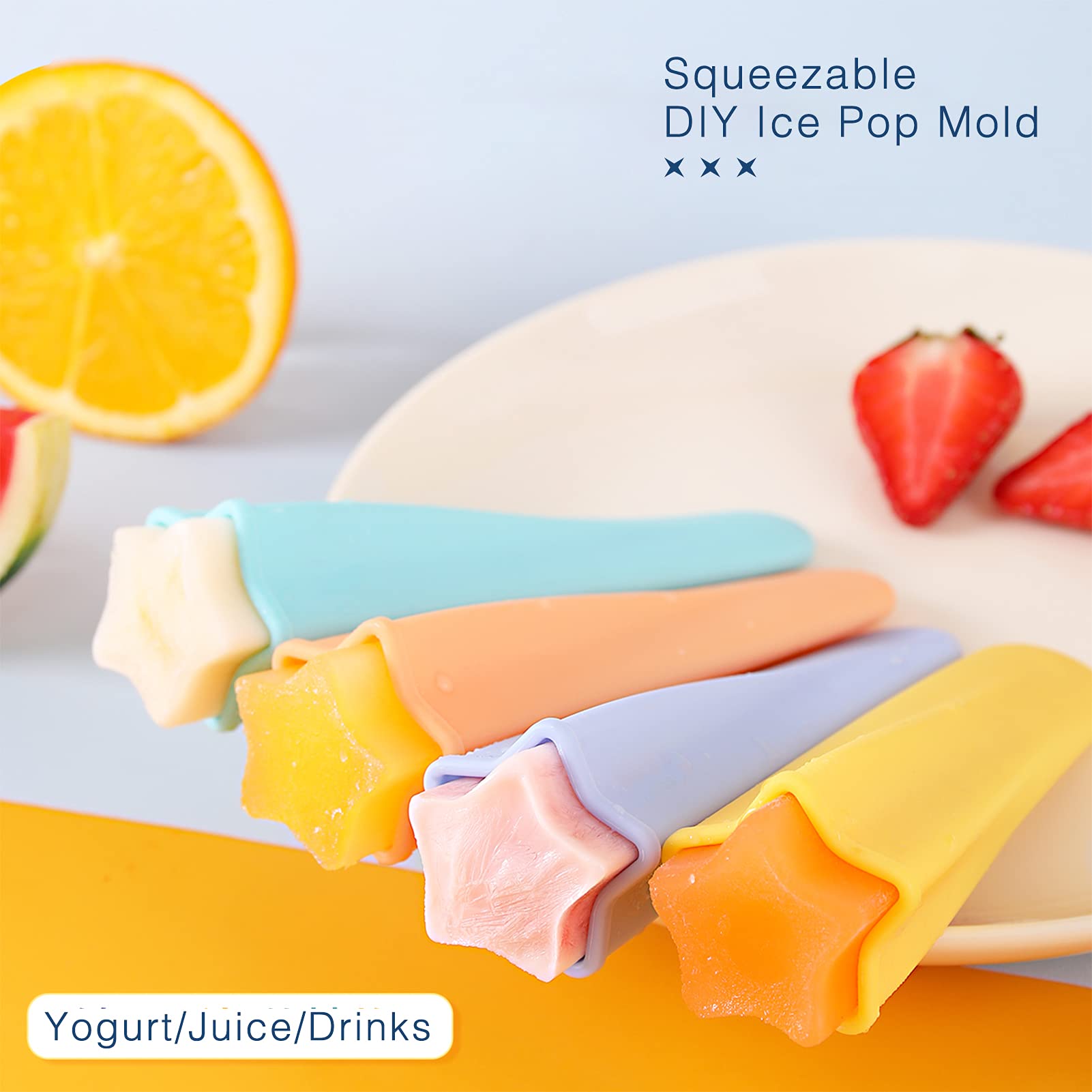 4 Pack Squeezable Star Silicone Popsicle Molds with Lids - BPA Free DIY Ice Pop Maker for Kids, Homemade Frozen Treats - Perfect for Summer Parties, Snacks & Healthy Desserts