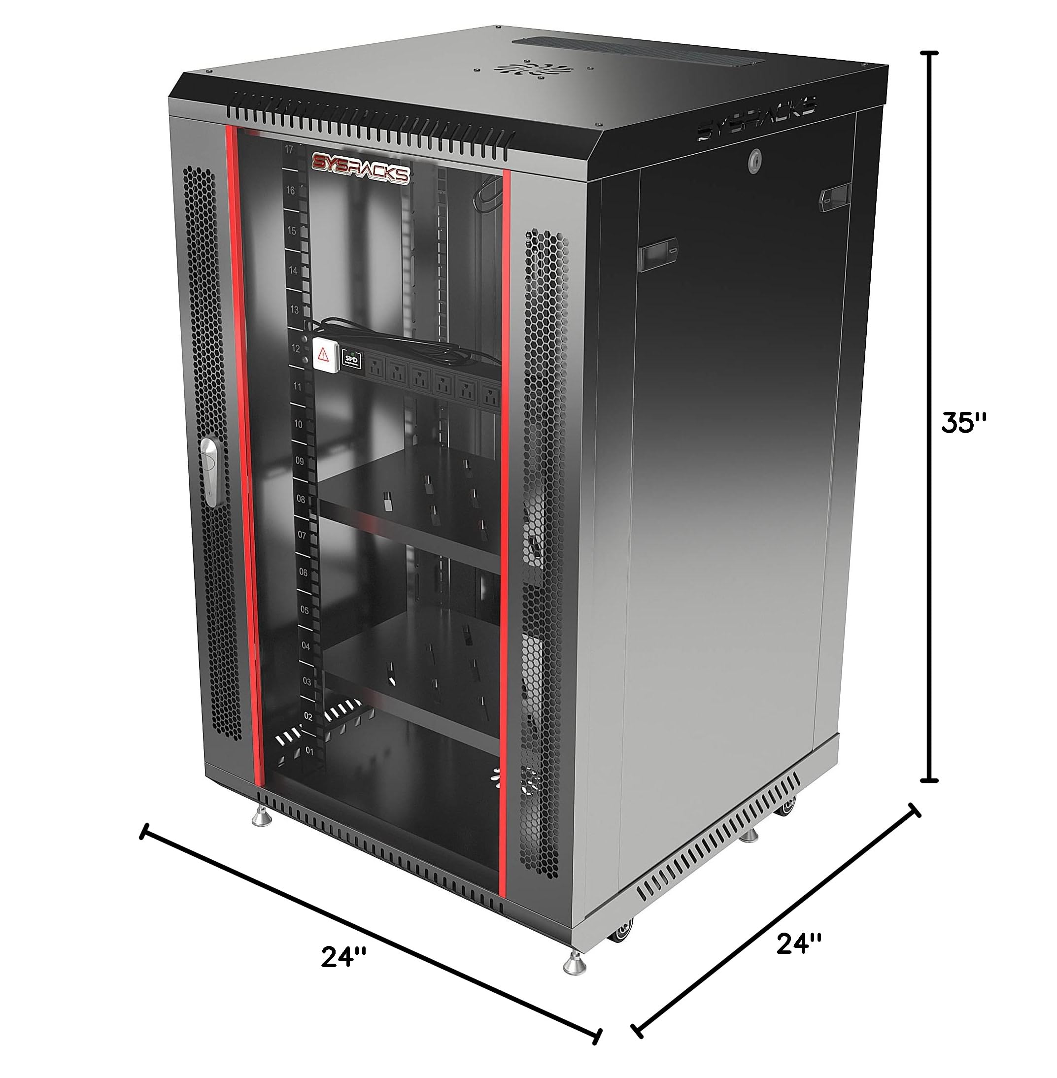 Sysracks 18U Wall Mount Server Rack Cabinet - Secure Network & AV Equipment Enclosure with Locking Doors, Adjustable Legs, Power Strip, Shelves & Cooling Fan - 24-Inch Deep for Data Centers, Home Studios & Office IT Installations